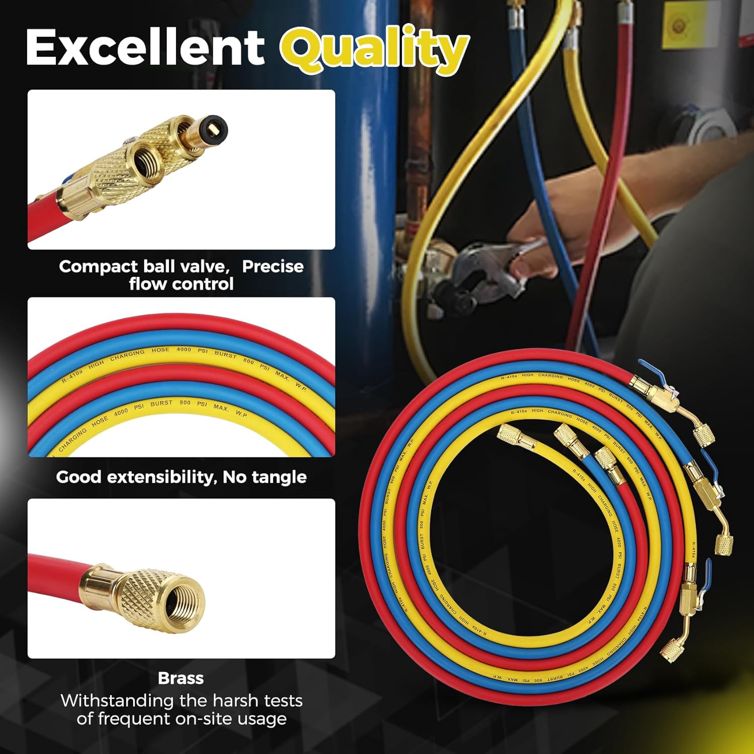 29986 Plus II 1/4" HVAC Hose with Compact Ball Valve,72" Low Loss Refrigerant Hose for R410a R134a R22 R407C R12 R502,Ac Manifold Hoses with Standard 1/4" Flare Fittings,Yellow/Red/Blue (3 Pcs)