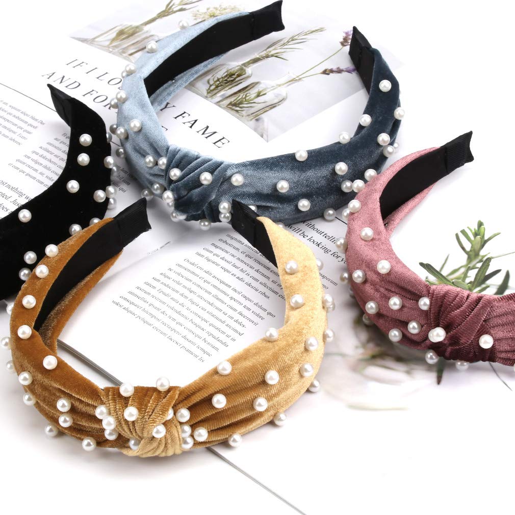 Jaciya Velvet Pearl Turban Headbands for Women - 6 Pack with Diademas Para Mujer