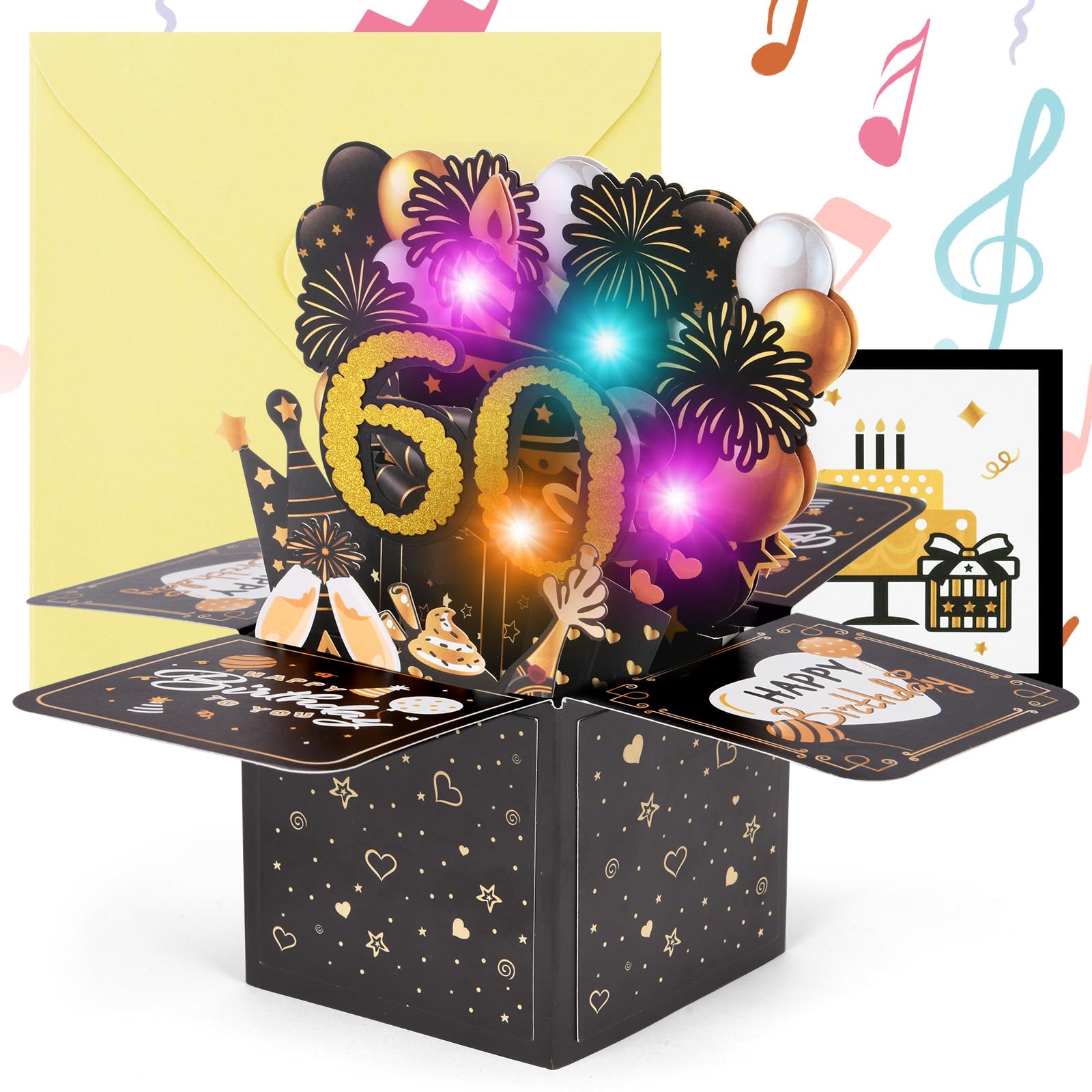 OFFCUP 60. Geburtstagskarte 3D Grußkarte mit Musik und Licht zum 60 Geburtstag Pop Up Karte Happy Birthday Geburtstagskarten Geburtstagsgeschenk für Frauen Kinder Freundin Männer (Schwarze Gold)