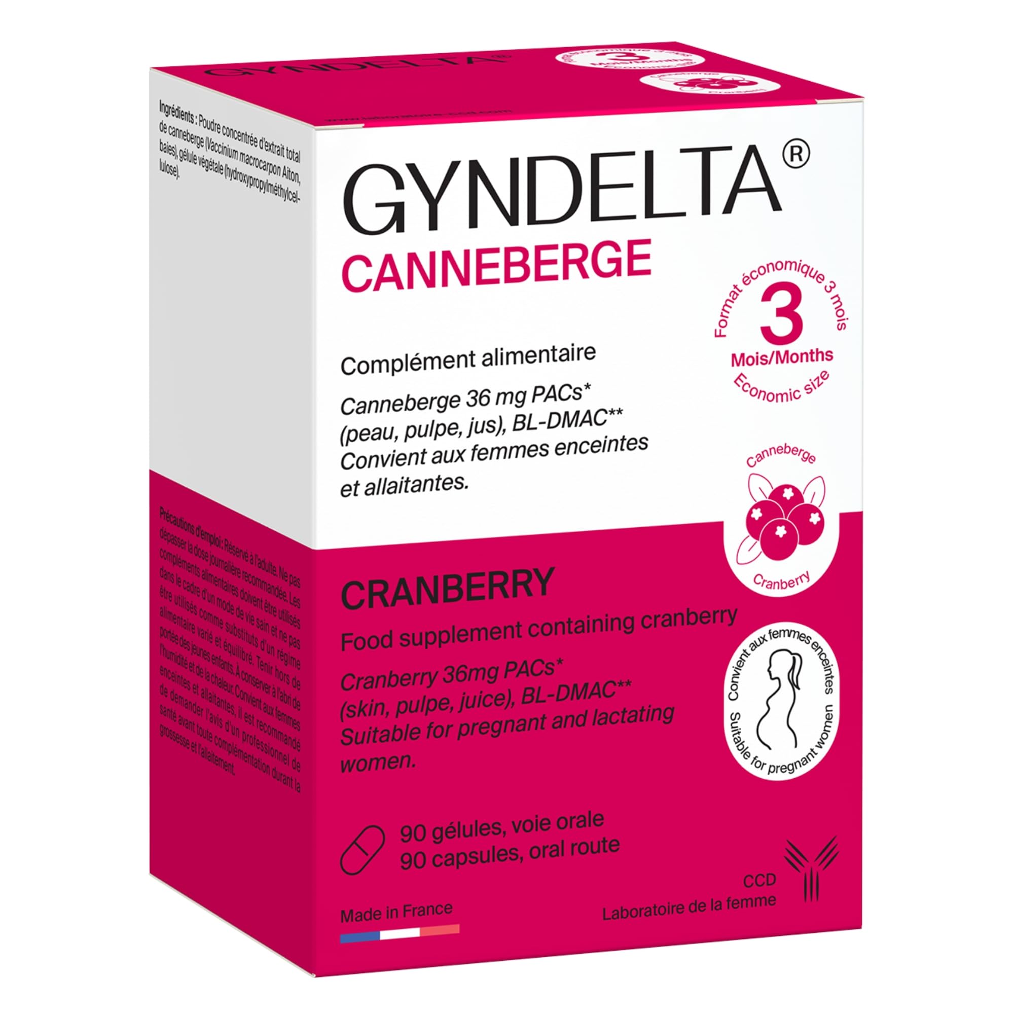 Gyndelta 36 mg Canneberge | Sphère urinaire féminine | Extrait total de cranberry dosé en PACs | 90 gélules végétales | Cure de 3 mois | Sans OGM | Fabriqué en France | Laboratoire CCD