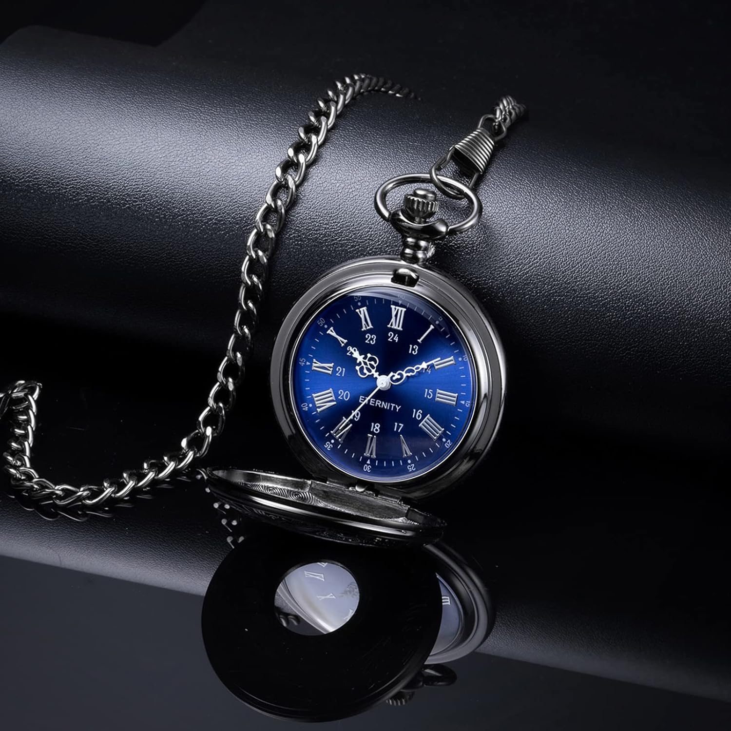 BOSHIYA Pocket Watches for Men Vintage Unique Blue Dial Roman Numerals Scale Black Quartz Pocket Watch with Chain for Christmas Graduation Birthday Gifts - Image 2