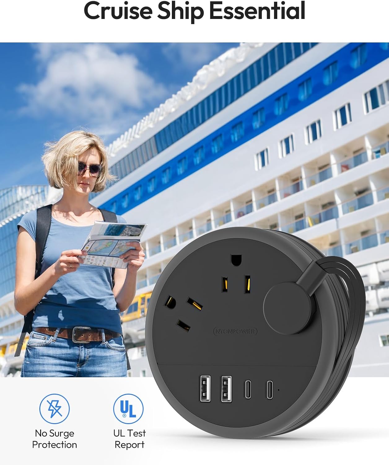 NTONPOWER Flat Plug Extension Cord, 2 USB C Travel Power Strip with 3 Outlets 4 USB Ports, Flat Extension Cord 4ft, Portable Power Strip Mountable for Travel Cruise Ship Essentials Home Dorm Room