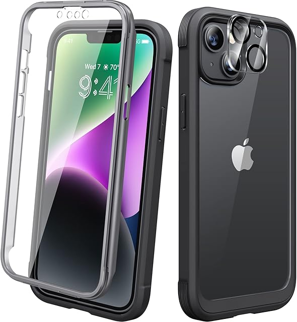 Diaclara Compatible with iPhone 14 Plus Case, 360° Full Body Rugged Case with Built-in Touch Sensitive Screen Protector + 2 Camera Lens Protector, Bumper Case for iPhone 14 Plus 6.7" (Black and Clear)