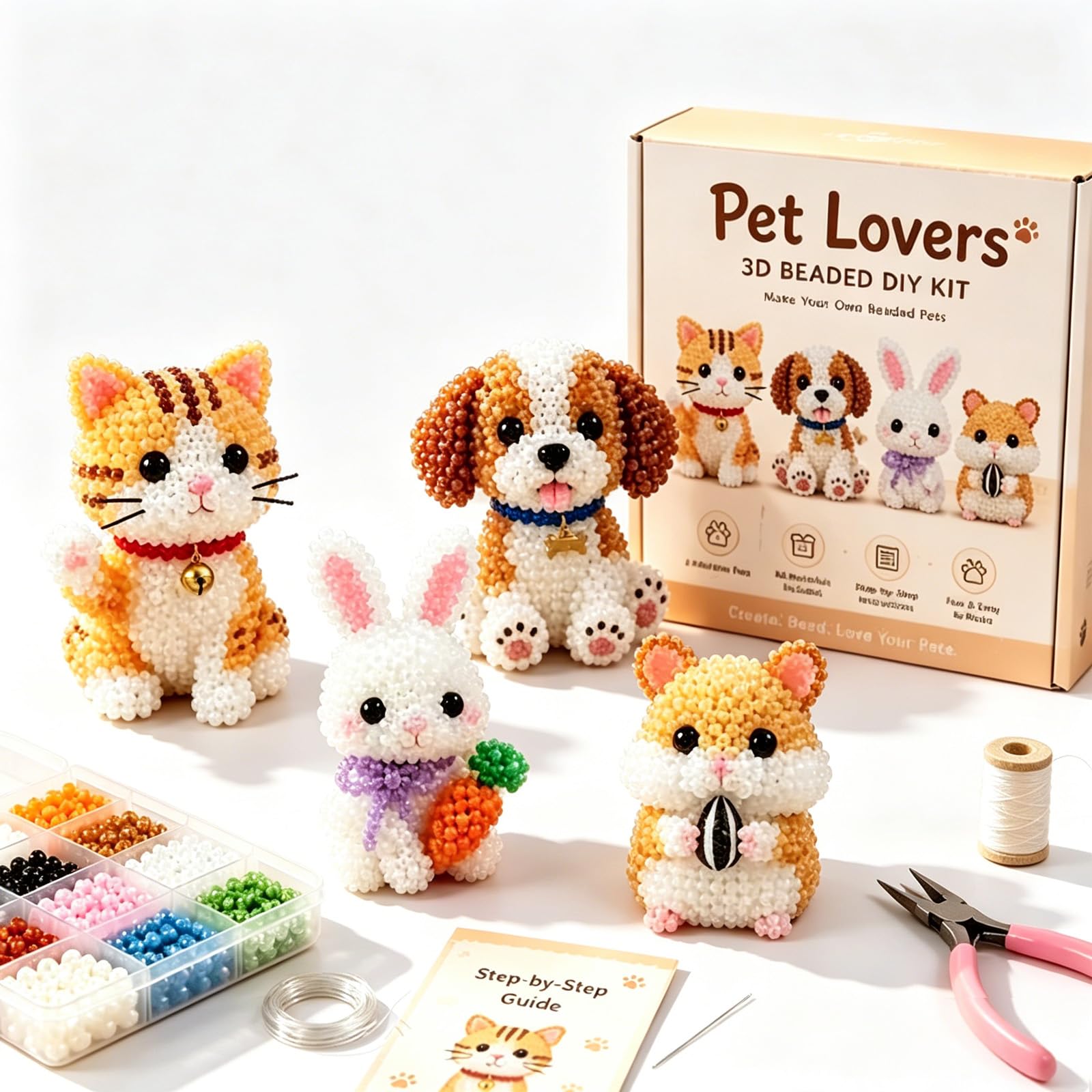 Tiny 3D Beaded Animal DIY Kit, DIY Animals Beading Embroidery Kit with 4 Cute Designs, 3D Animal Themed Beadwork Kit with Instructions, Creative Decoration Gifts for Adults Teens Beginners (E-)