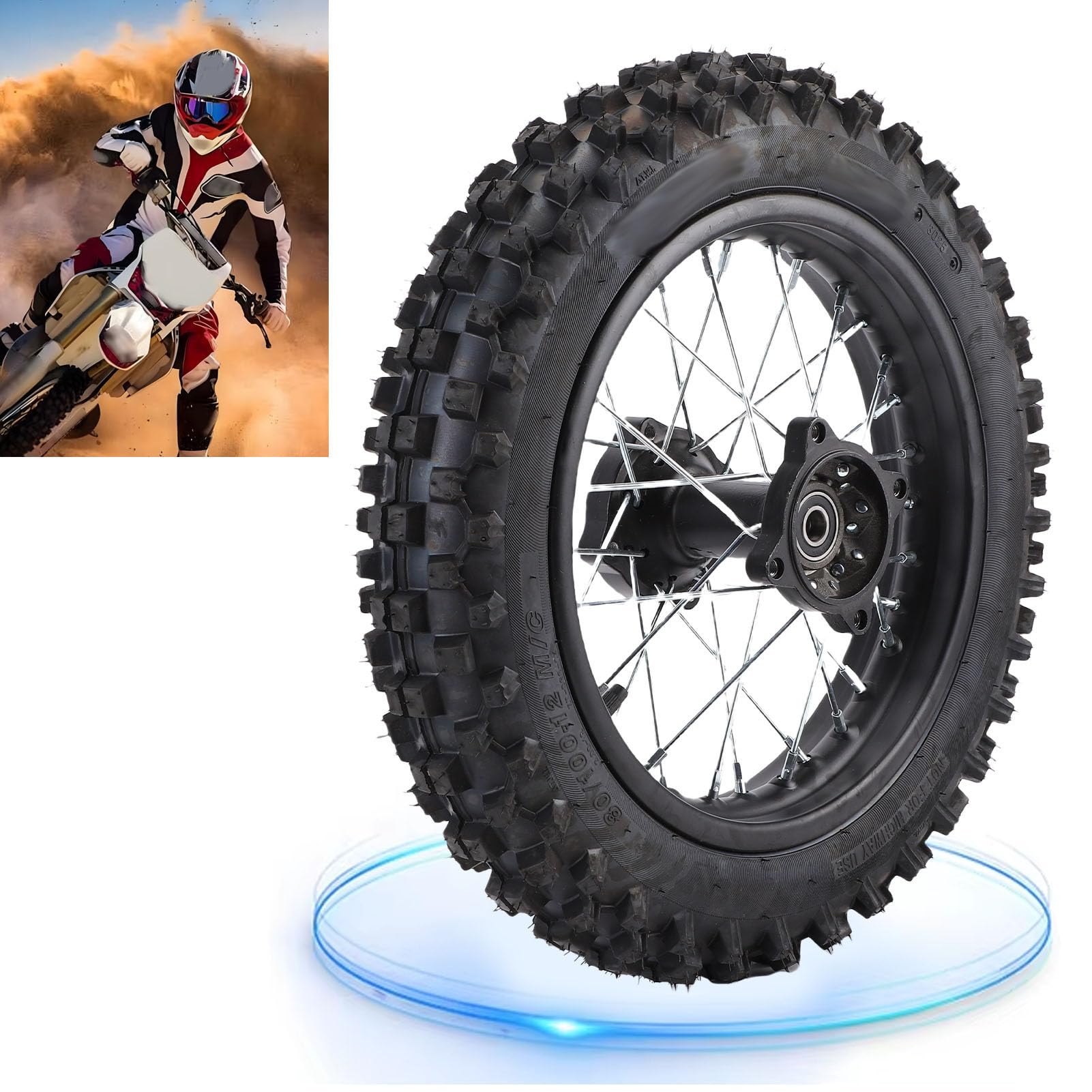 aqxreight 12-calowy zespół Opony na felgę Tylnego Koła, Opona Wymienna 80/100 12 z łożyskiem 15 Mm, do Apollo SSR XR CRF Dirt Pitbike Kayo TSD 110 TD 125