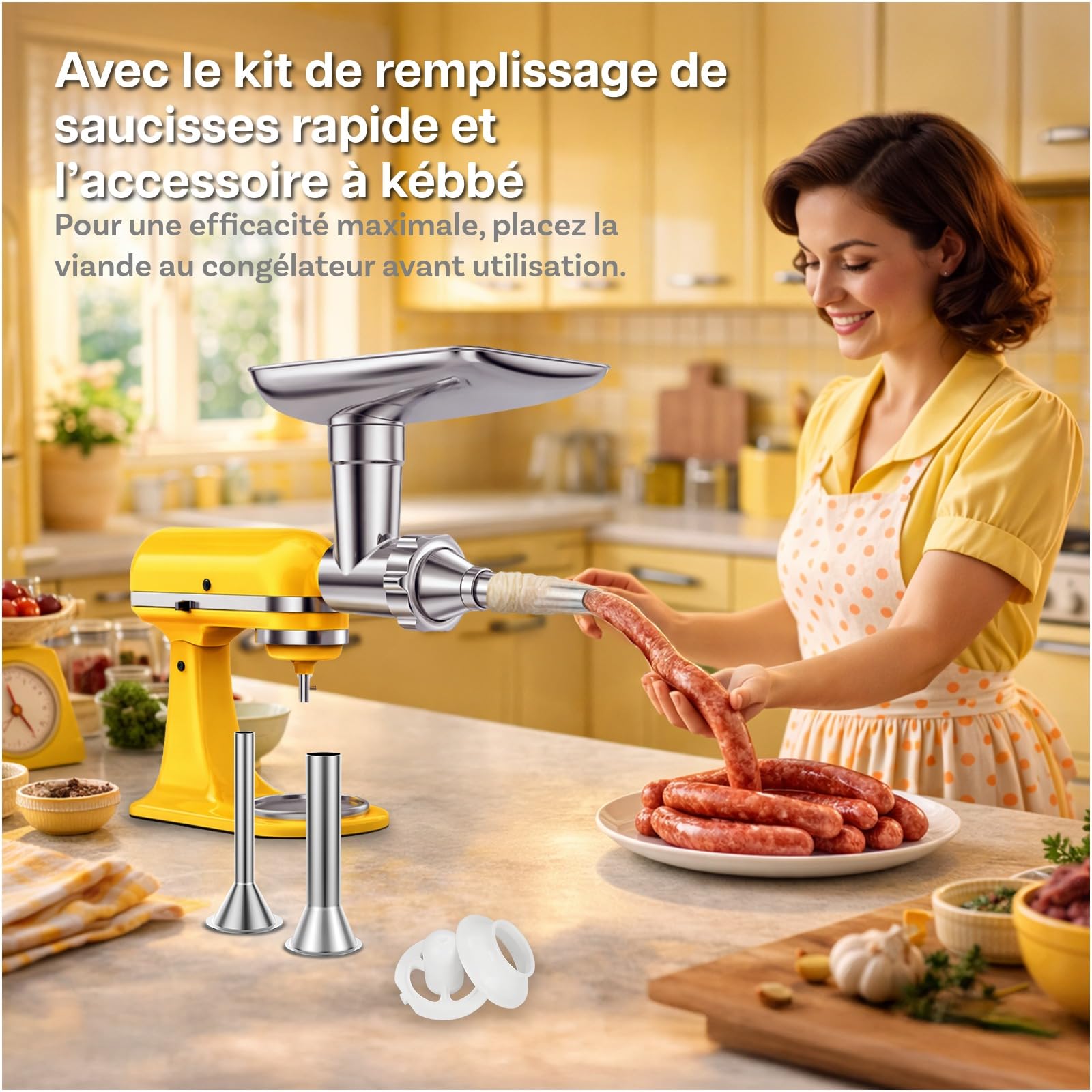 Hachoir à Viande en Acier Inoxydable pour KitchenAid – 4 Plaques de Broyage, 3 Tubes à Farcir pour Saucisses, 2 Lames de Broyage & 1 Moule à Boulettes de Viande – Lave-Vaisselle – Par MMOBIEL