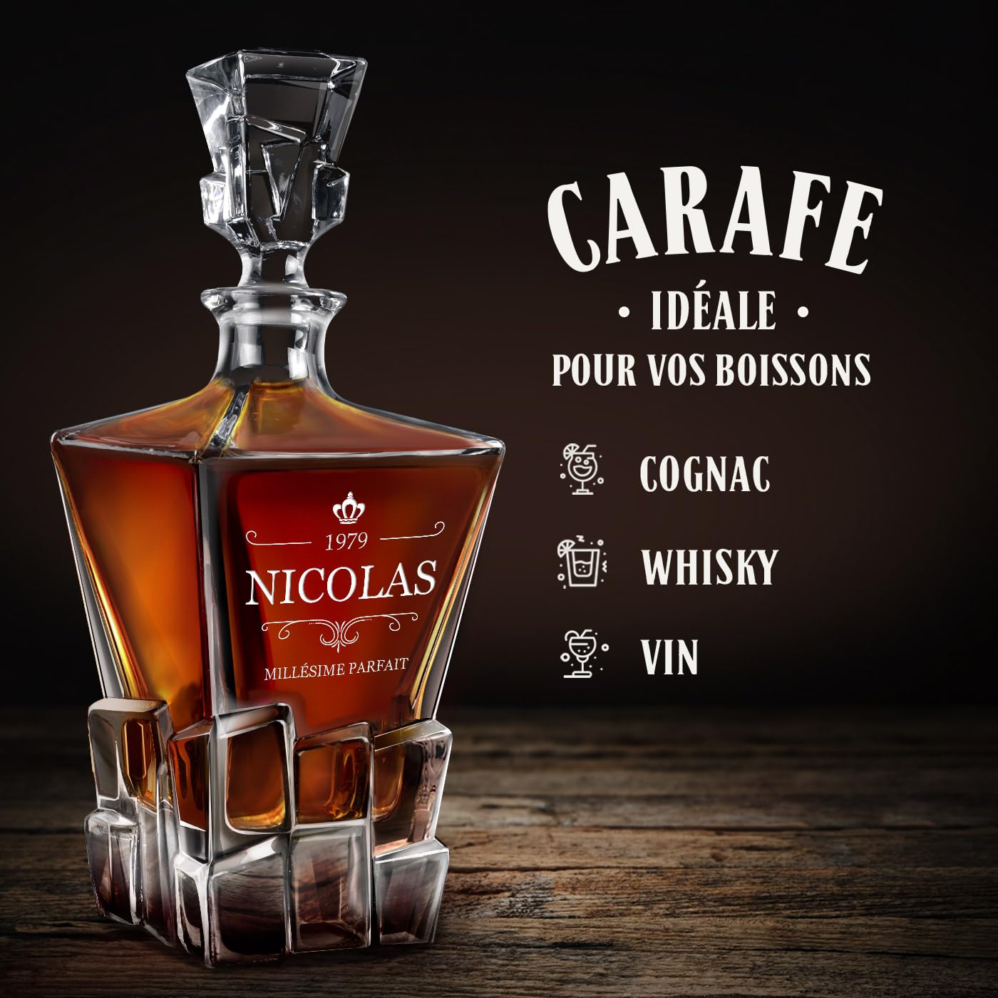 Maverton Carafe et 4/6 verres gravés - Ensemble personnalisé Cadeau Anniversaire Homme - Set élégant pour lui Carafe whisky 950ml au design unique - Verre a whisky - Cadeau Homme connaisseur -Couronne