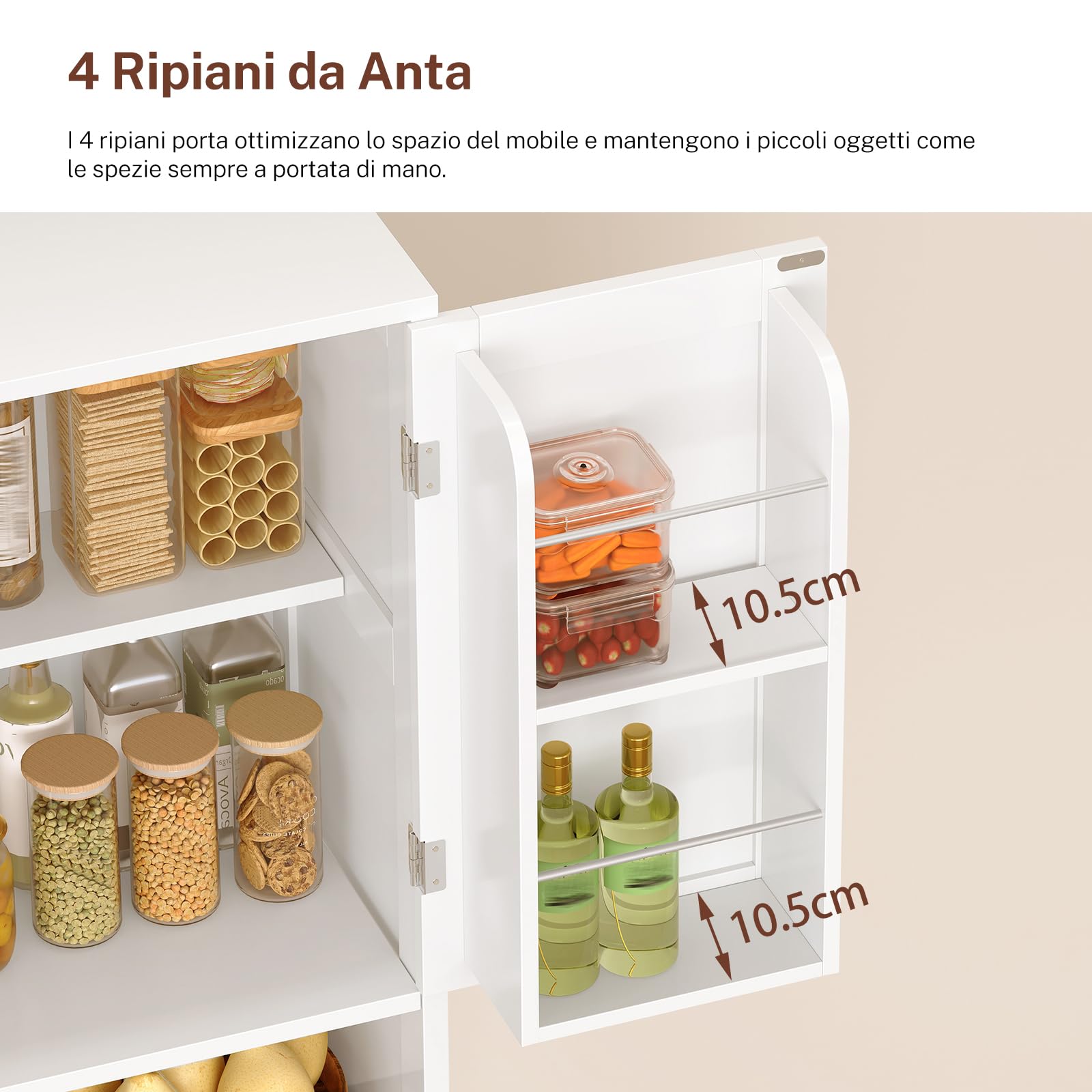 TEENFON Credenza Cucina Alta, Mobile Dispensa Alto 4 Ante e 2 Cassetti con Ripiani Regolabili e Portaspezie sulla Porta, Armadio Multiuso per Cucina, Soggiorno, Bagno, 60 x 30 x 161 cm, Bianco