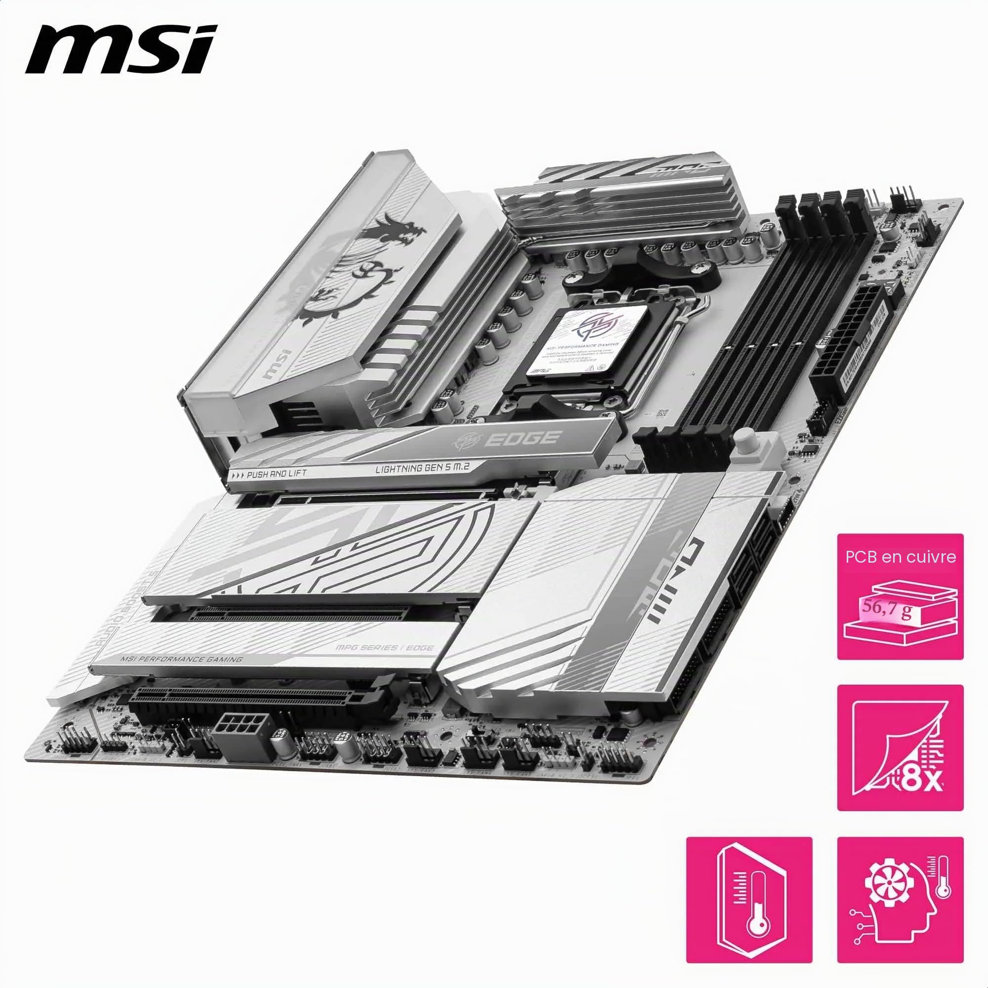 MSI Carte mère MPG X870E Edge TI WiFi, ATX - Prend en Charge Les processeurs AMD Ryzen 9000/8000/7000, AM5-80A SPS VRM, DDR5 Memory Boost 8400+MT/s (OC), PCIe 5.0 x16, M.2 Gen5, Wi-FI 7, 5G LAN