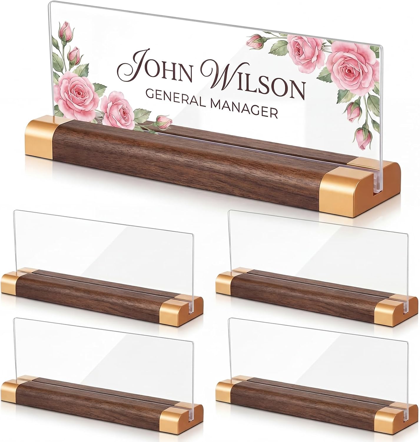 5 Pack Desk Name Plate Holder with Walnut Wood Base, 8.27 x 3" Clear Acrylic Sign Holder, Double Sided Nameplate Desk Office Display, Ideal Gift for Coworkers, Boss, Teachers & Staff