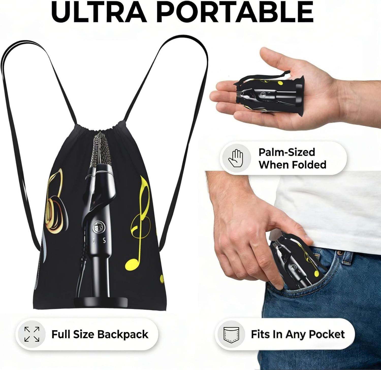 Microphone With Music Notes Print Foldable Drawstring Backpack Lightweight Gym Bag Travel Backpack Cinch Sack For Beach Hiking image 4