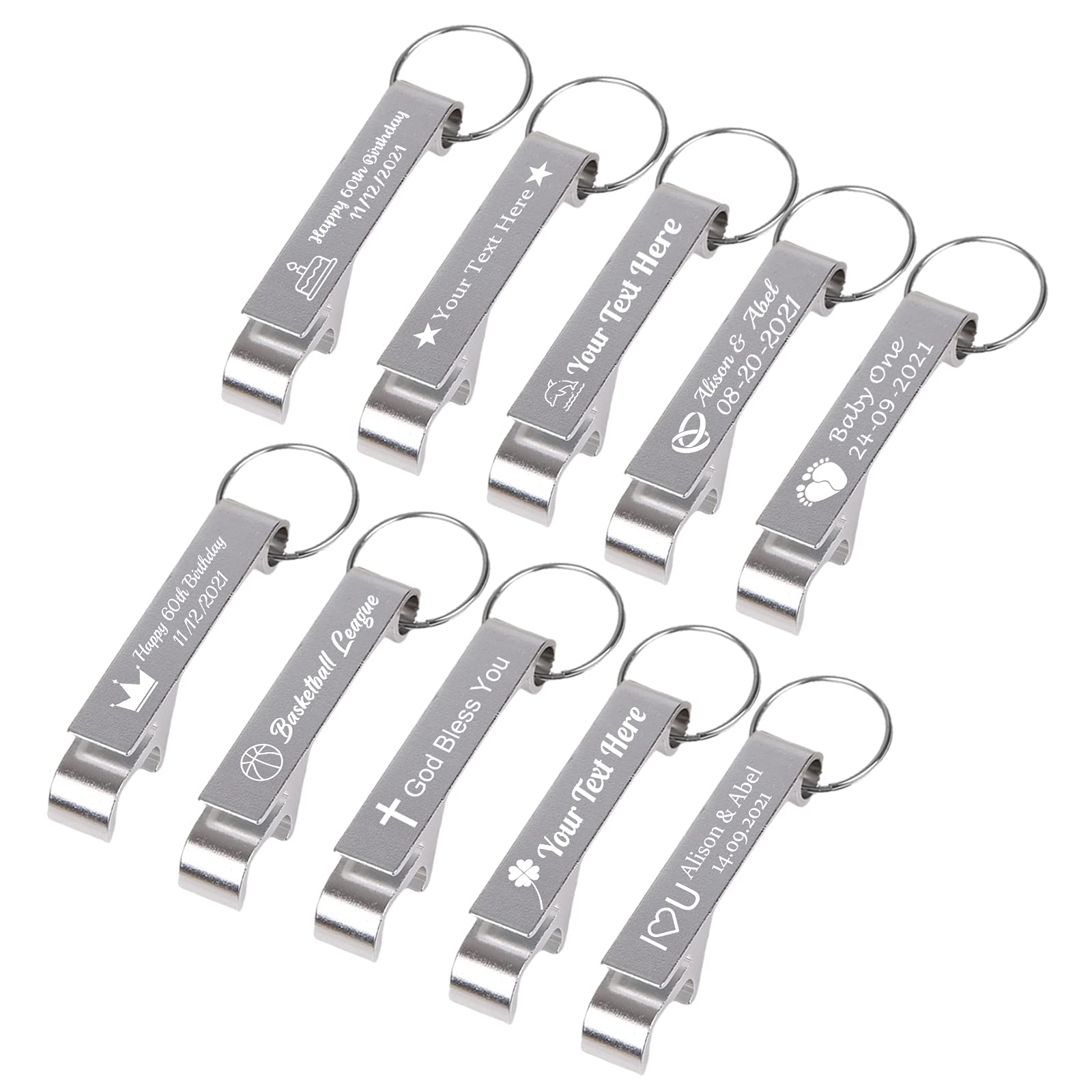 BYWEXCLESD, Llavero Abrebotellas Personalizado Boda Cerveza Abrebotellas Personalizada con Nombre Texto Logo Regalos Personalizados para Parejas, Hombre, Papa, 10PCS, Plata