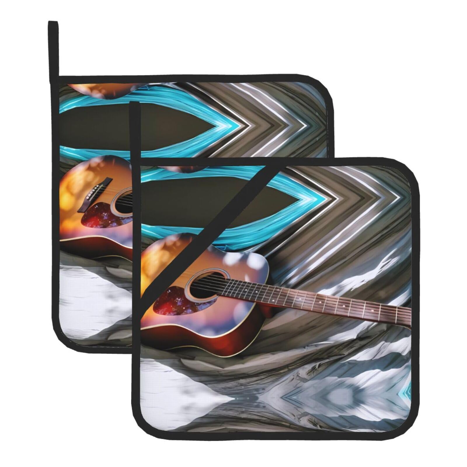 HJFCZH Watercolor Acoustic Guitar Prints Square Hot Pads for Kitchen Counter - Waterproof Pot Holders, Durable Heat Resistant Throw Layers for Serving, Oven & BBQ - 2 Pack