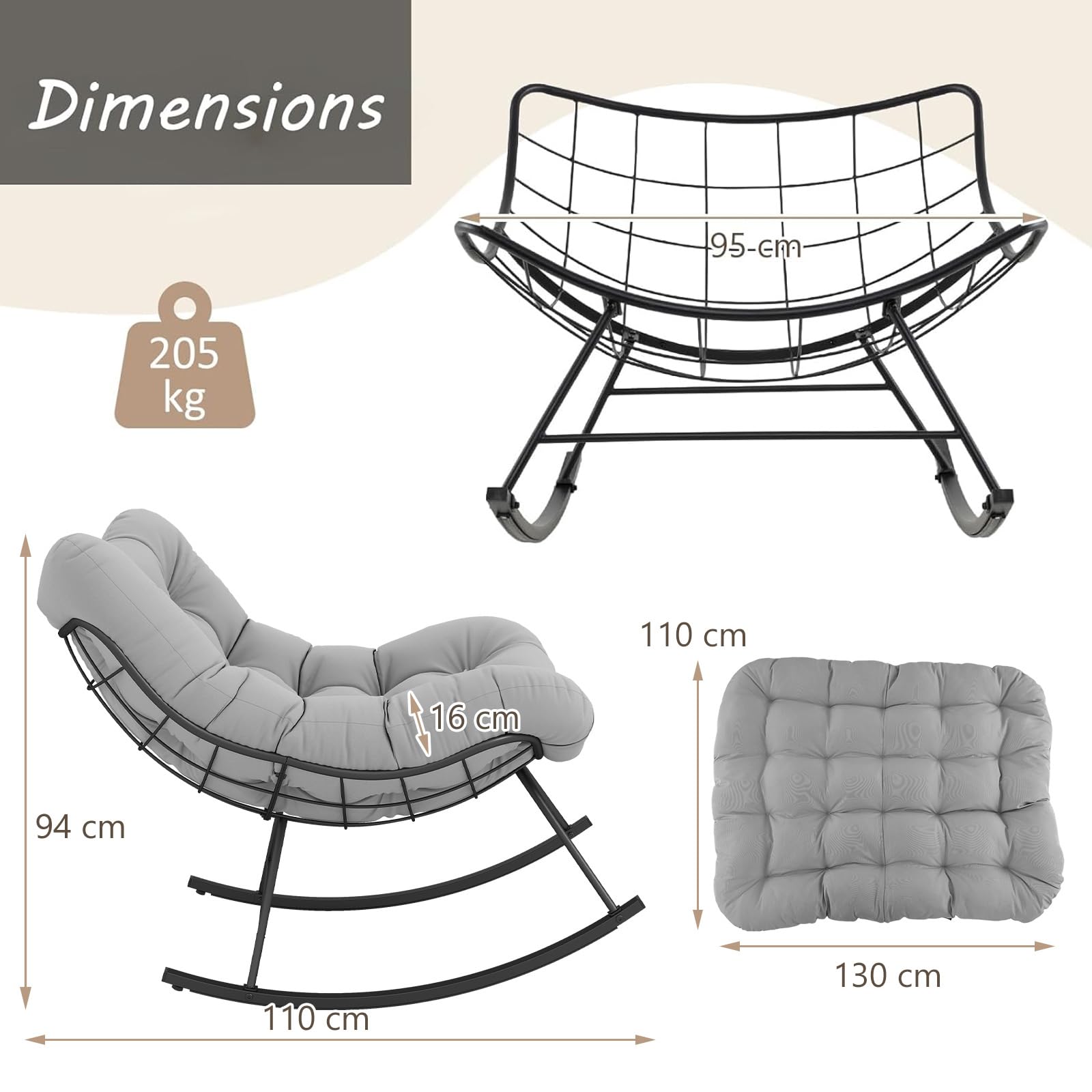 RELAX4LIFE Fauteuil à Bascule de Jardin, Chaise Papasan avec Coussin et Cadre en Métal pour Intérieur et Extérieur, Charge 205KG pour Chambre Salon Porche Jardin Terrasse (Gris) (Gris Clair)