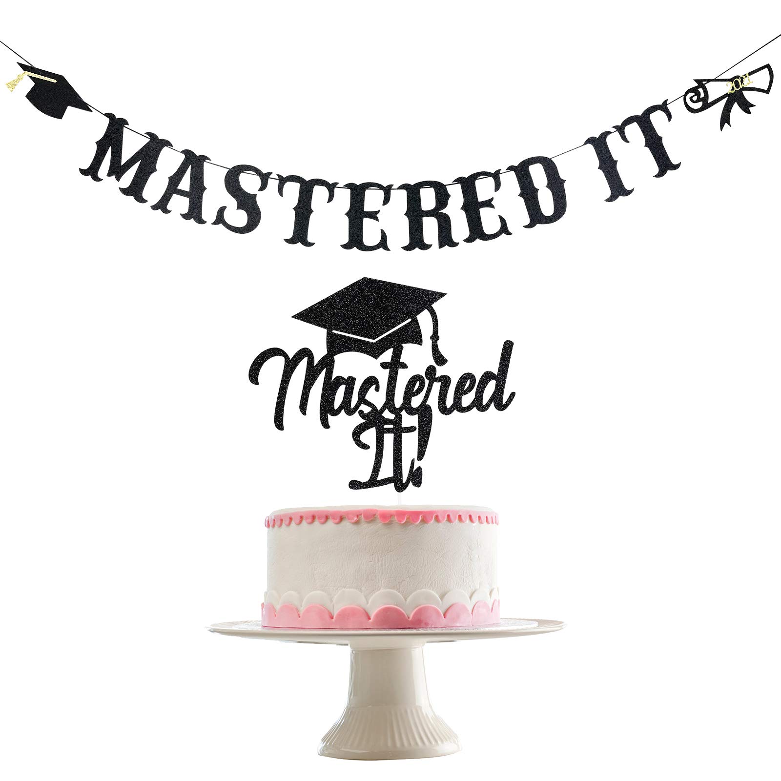 Buy Black Glitter Mastered It Banner and Mastered It Cake Topper