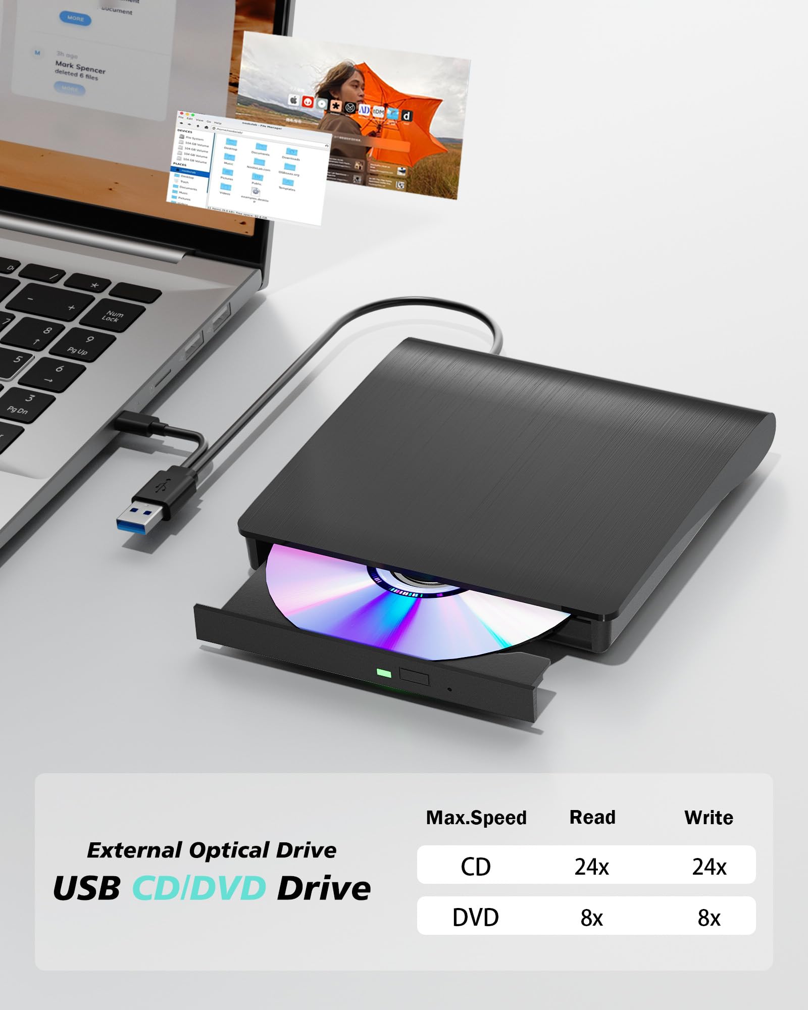 juwuoi External CD/DVD Drive for Laptop PC CD DVD Player USB 3.0 Portable Optical Drive CD Burner Compatible with Windows 10 11 Linux Mac OS (Black)