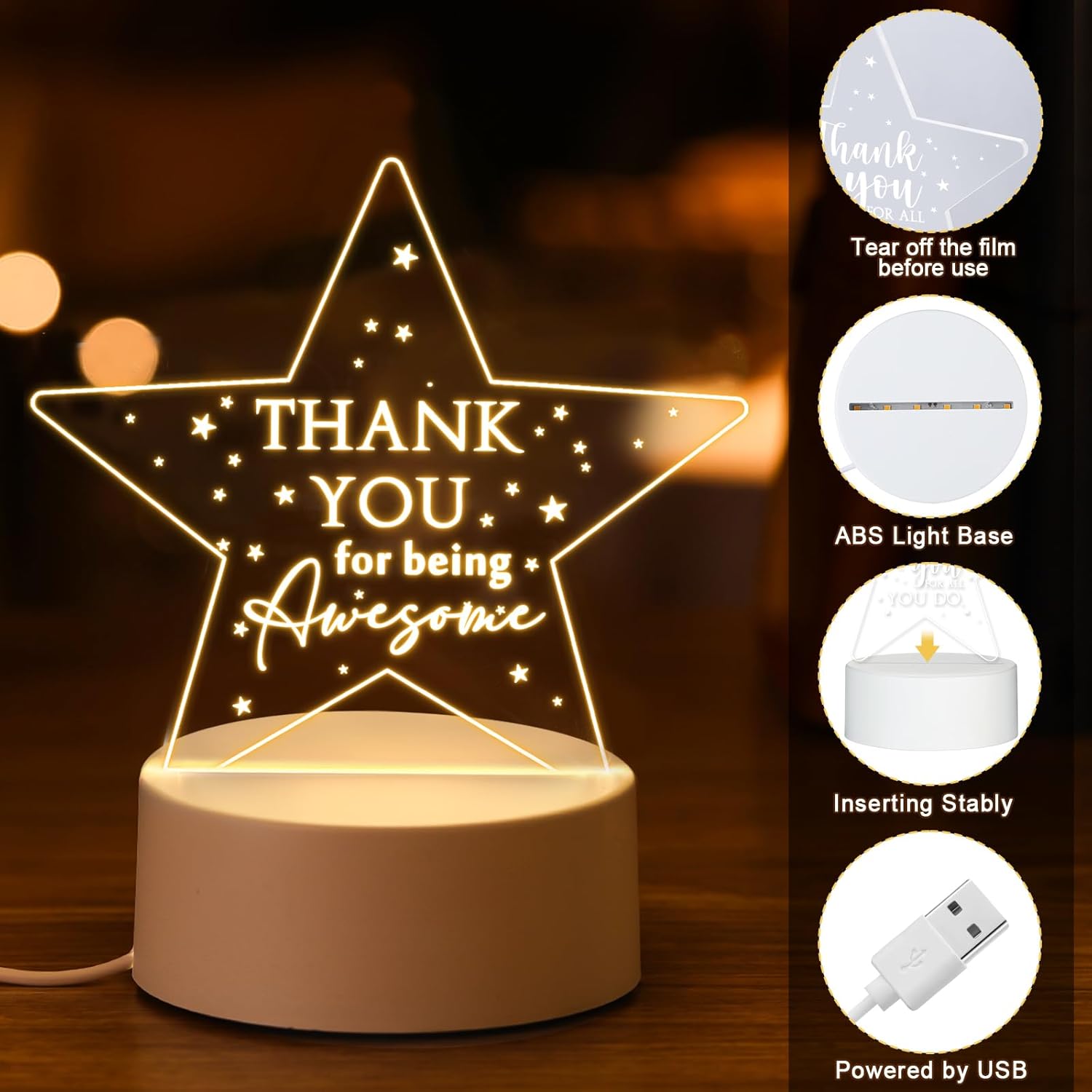 Kigley 6 Pcs Teacher Appreciation Gifts in Bulk Thank You Gifts for Teachers Nurse Employee Coworkers Lab Week Vet Tech Acrylic Night Light LED Engraved Lamp Graduation End of Year Presents(Star)