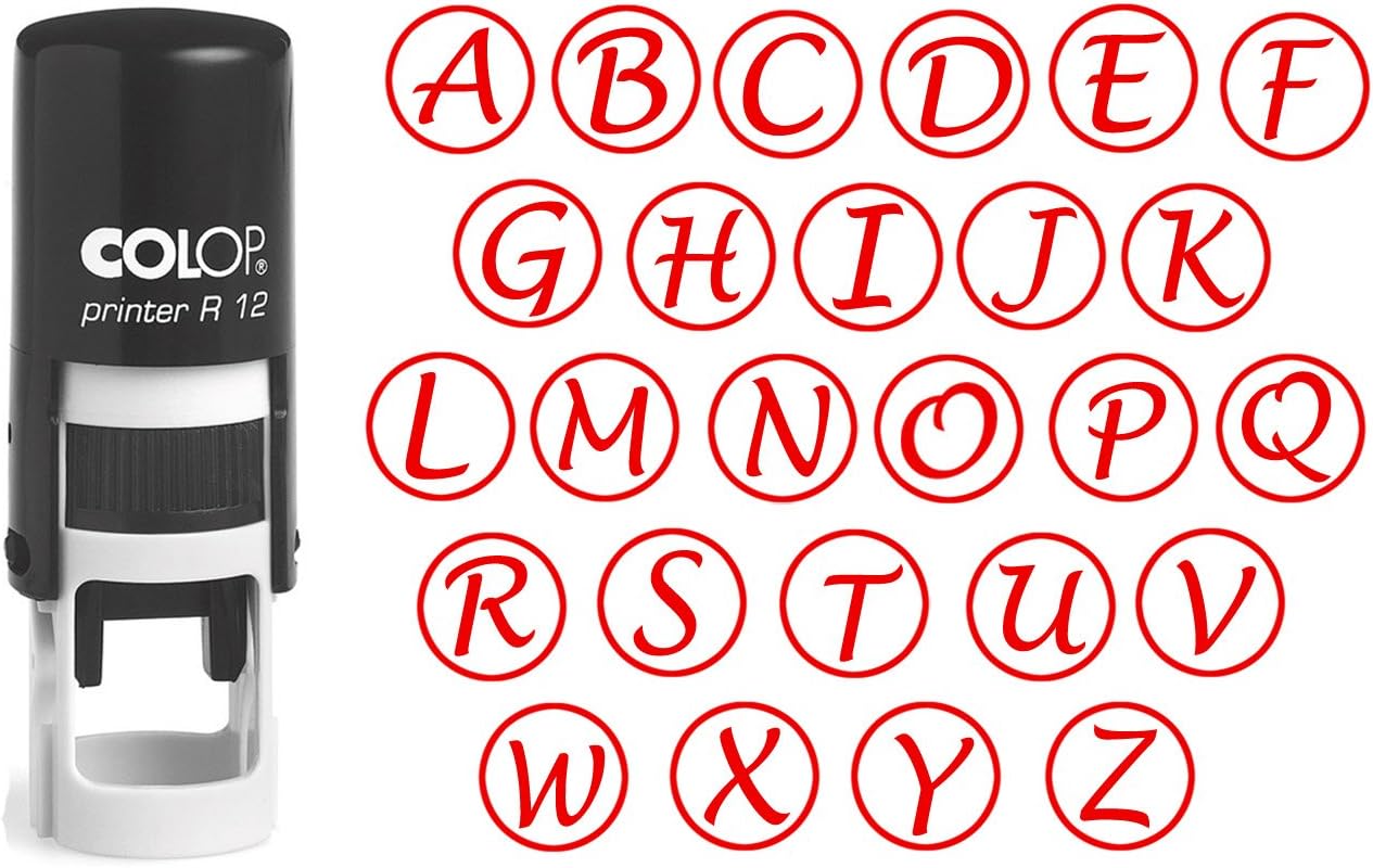 Custom A-Z Alphabet Stamp in Red Ink Monogram Round Rubber Stamp Self Inking Initial Stamp COLOP Mini Stamper 12 mm
