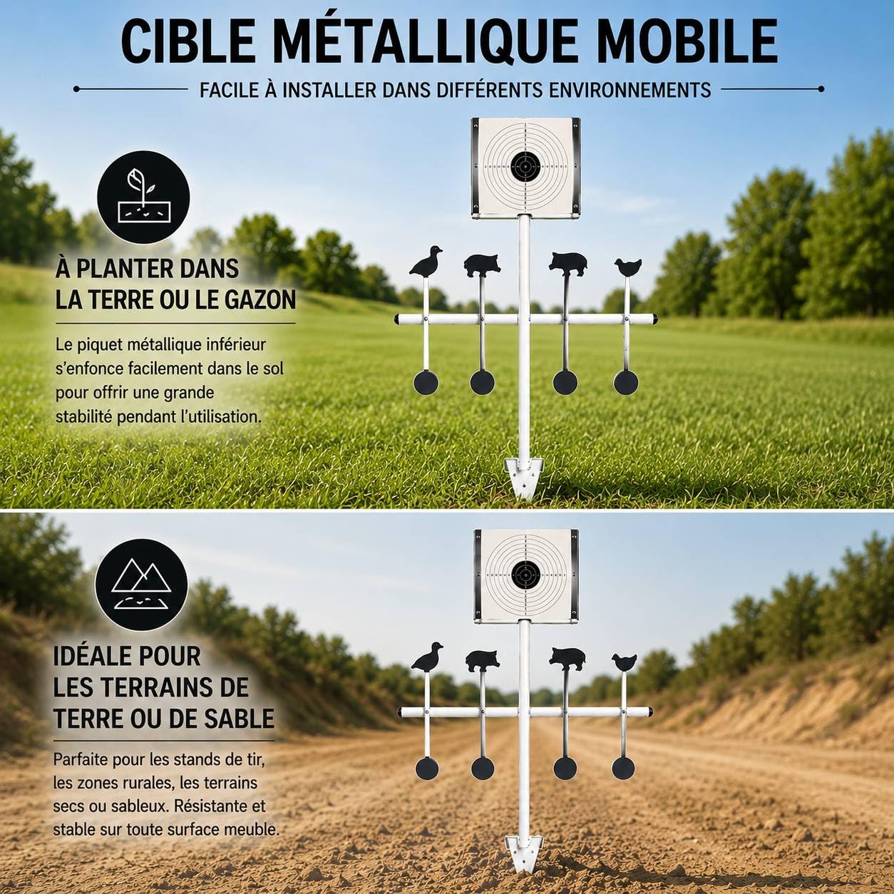 Cible Métallique Mobile avec 8 Cibles Rotatives et Panneau Fixe 14 x 14 cm – pour Tir Sportif à Air Comprimé et Airsoft – Entraînement de Précision et de Vitesse – Robuste et Polyvalente