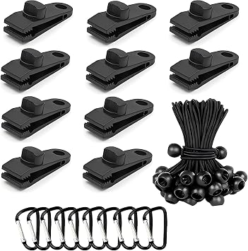 Set of 10 Tarp Clips Heavy Duty Lock Grip Tent Clips Clamps with Thumb Screw and Bungee Ball Cords + Carabiner for Fixing Tarps, Awnings, Tarpaulin, Outdoor Camping, Caravan Canopies