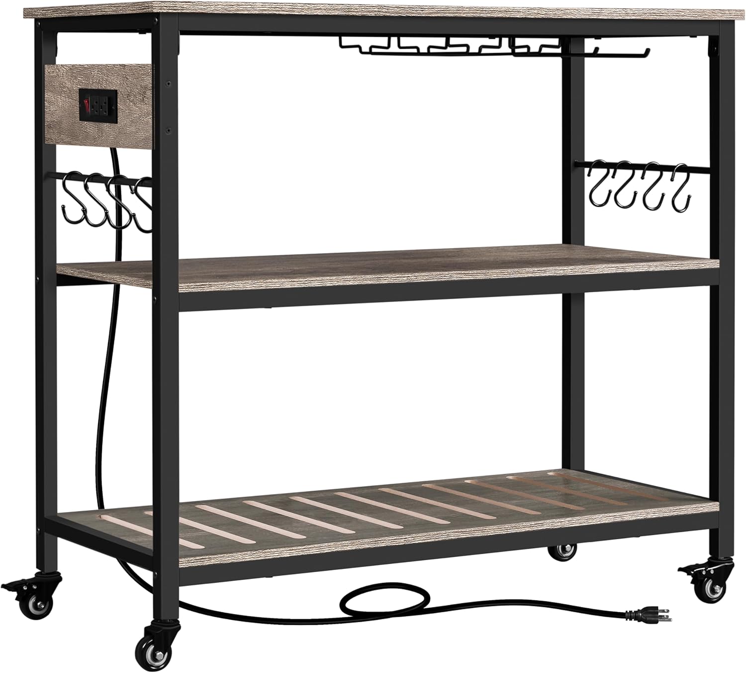 Yaheetech Kitchen Island Cart with Power Outlet, Kitchen Carts on Wheels with Storage, 3-Tier Microwave Stand with Foodpads, Glass and Mug Holders, 8 Hooks, Taupe Wood