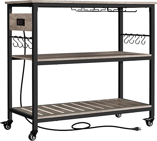 Yaheetech Carrito de isla de cocina con toma de corriente, carritos de cocina con ruedas con almacenamiento, soporte de microondas de 3 niveles con