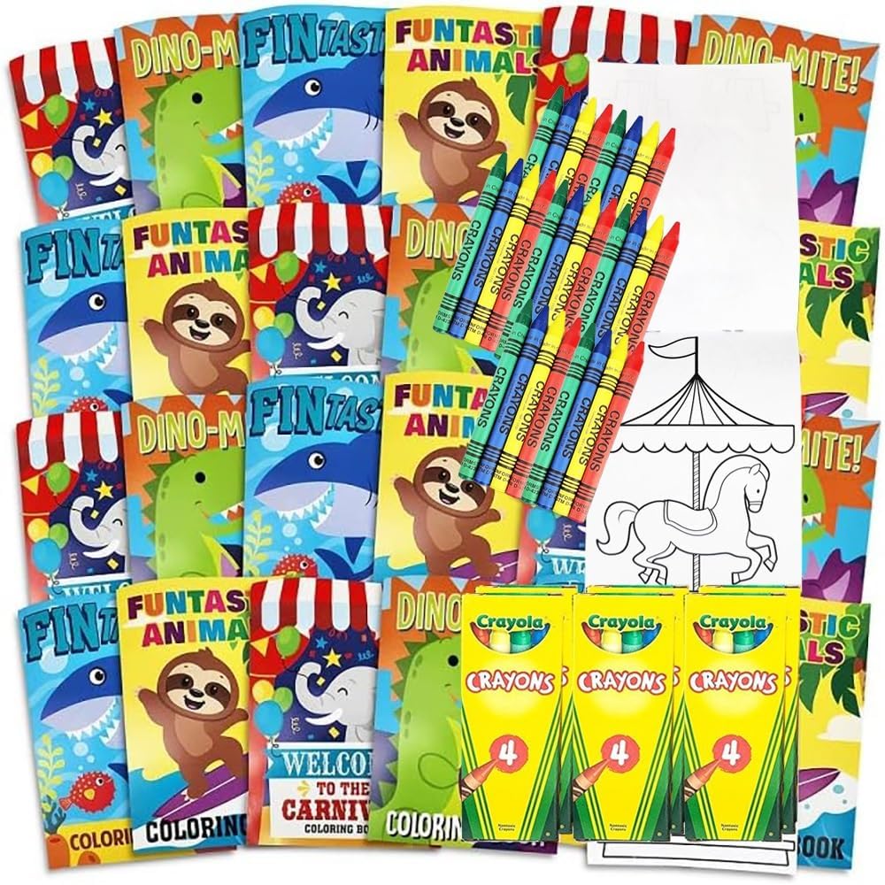 Bottles N Bags 24 Mini Coloring Books & Crayons, Bulk Coloring Books For Kids 5 X 7 Inch Coloring Books bulk, Party Favors, Kids Activities - 24 Books & 24 Crayons.
