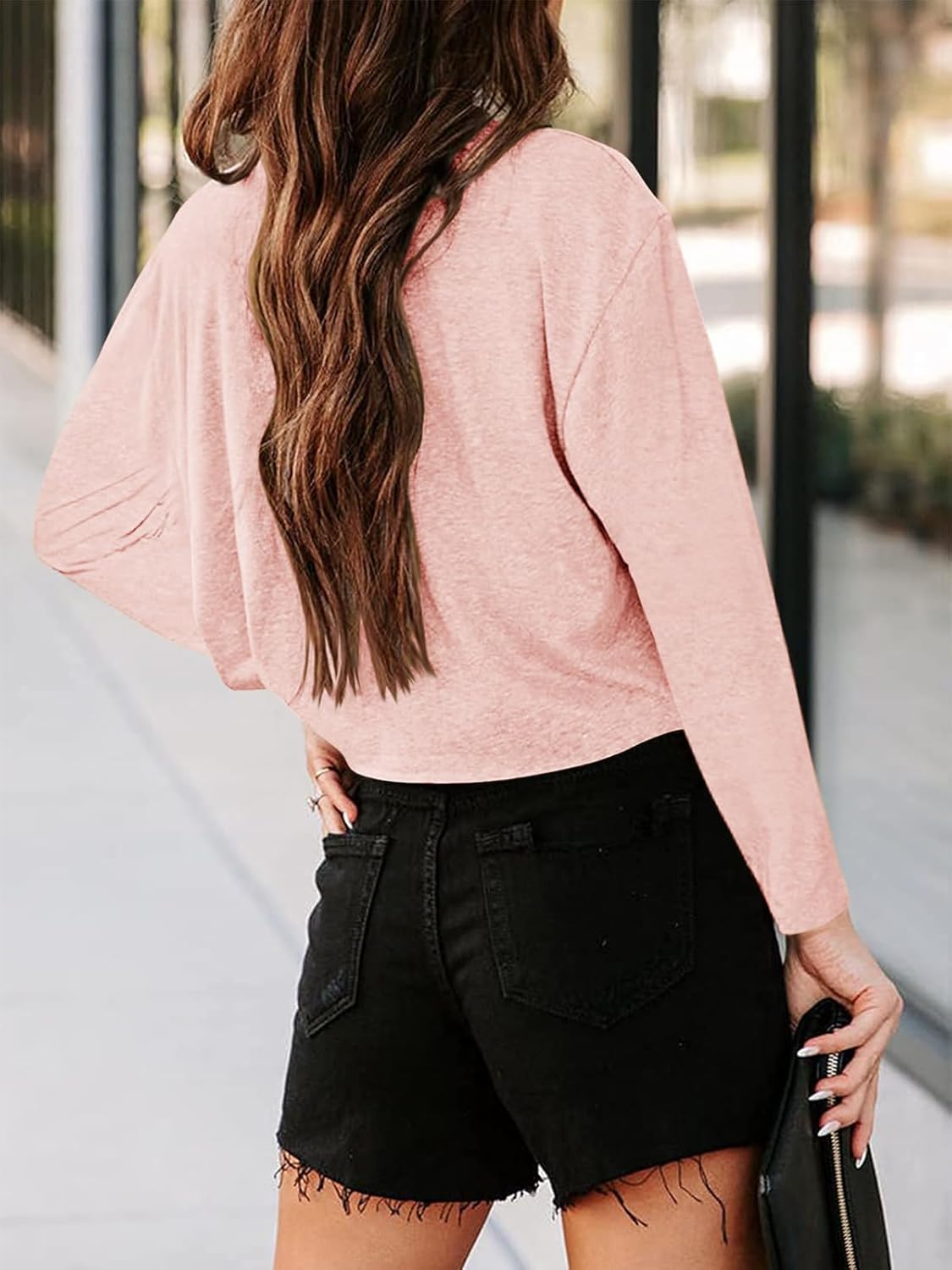 Tankaneo Women Long Sleeve Crop Tops Loose Crew Neck Cropped T-Shirts Drop Shoulder Casual Basic Tees L-Blue - Image 3