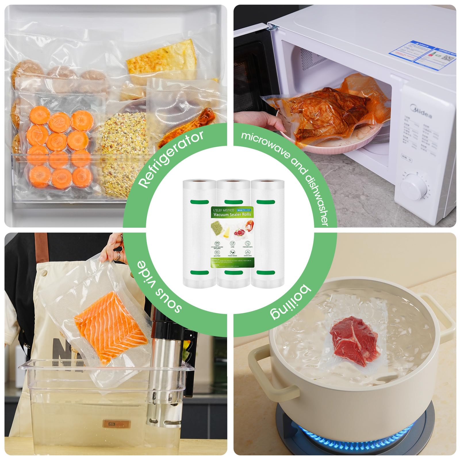 L'ELEF MISTICO Bolsas selladoras al vacío para ahorro de alimentos, 11 x 40 pies (3 rollos) rollos selladores sin BPA, bolsas de almacenamiento de alimentos de tamaño personalizado para sellador al