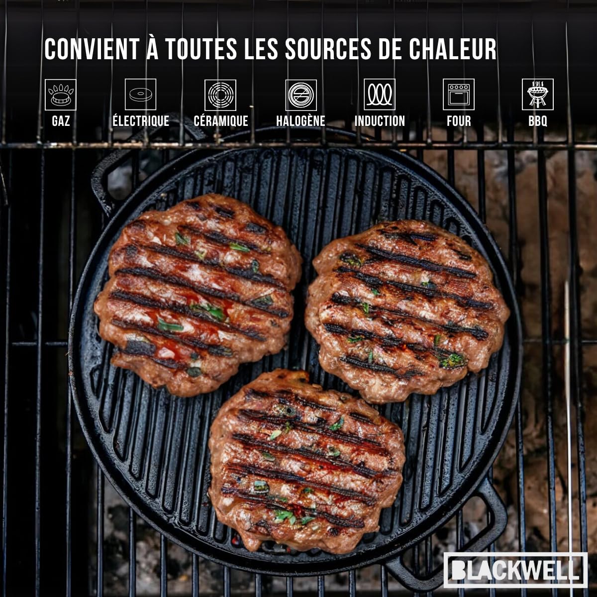 Plaque de cuisson Blackwell BBQ en fonte noire ø 30 cm - Sans revêtement antiadhésif 2 côtés