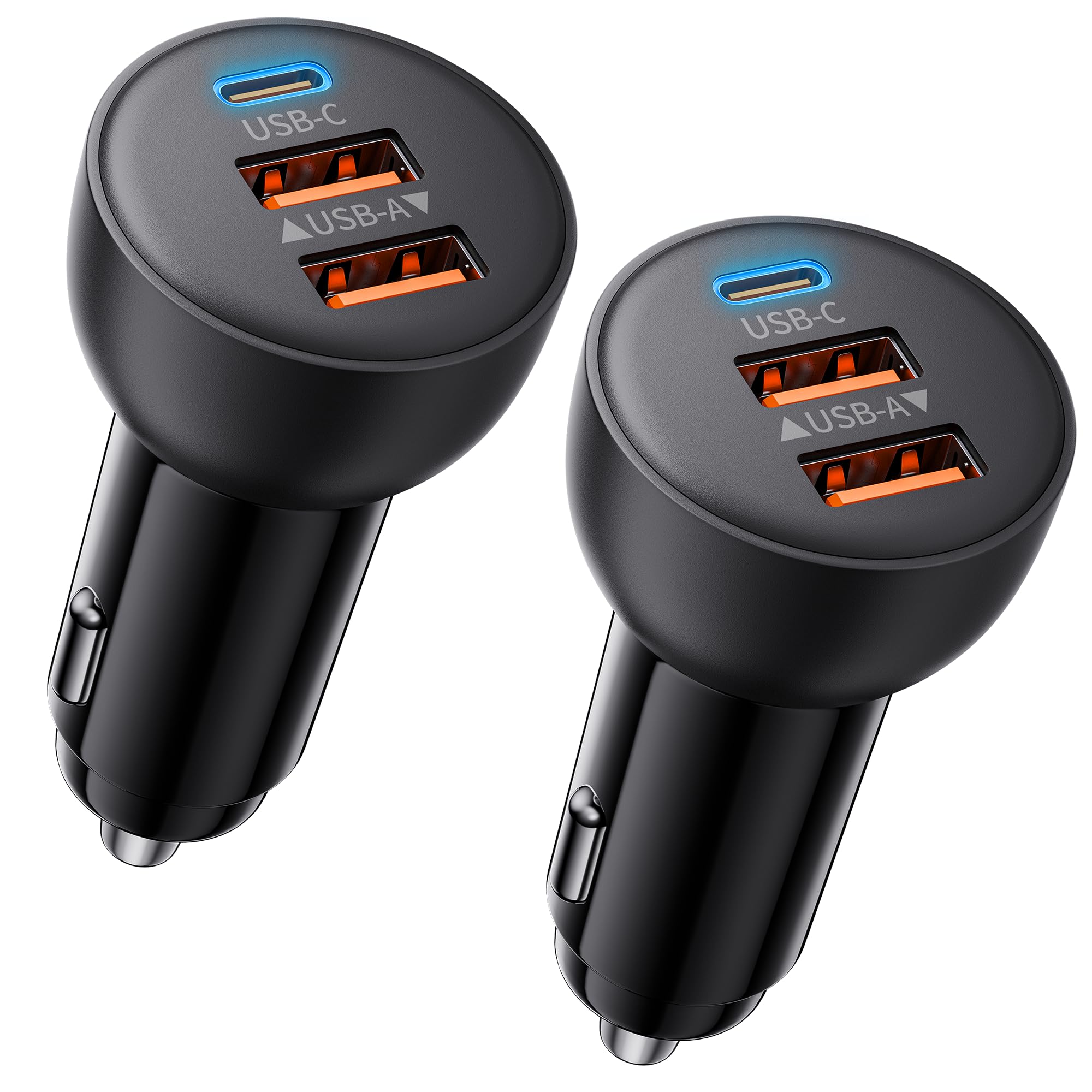 The power-7 70W 3-port USB-C car charger, shown plugged into a car's cigarette lighter socket with multiple devices connected.