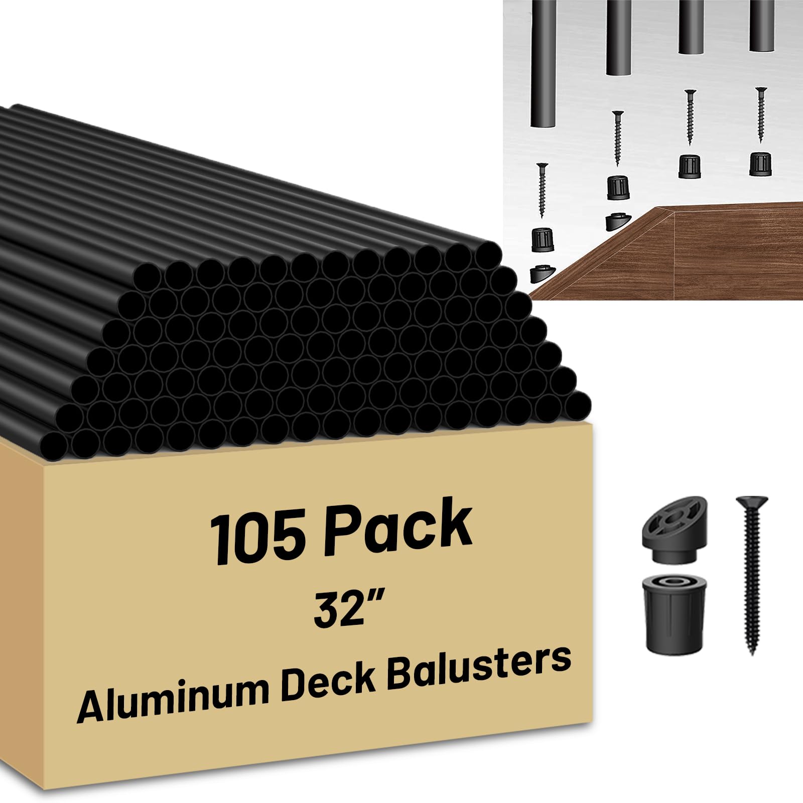 105 Pack 32 inch Aluminum Balusters for Deck Railing,Black Round Metal Spindles for Staircase,3/4" Diameter Hollow Deck Ballasters with Screws and Connectors for Railing Fencing Porch Stair Spindles