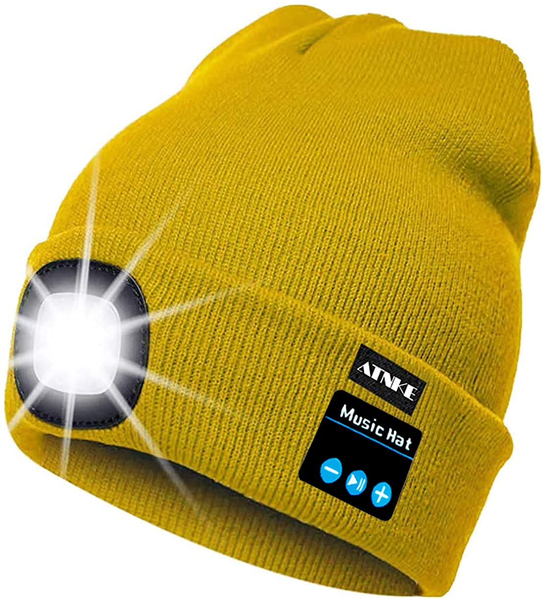 ATNKE LED Lighted Bluetooth Beanie Cap, USB Rechargeable Wireless Musical Running Hat Ultra Bright 4 LED Light Lamp Use for Skiing Hiking Camping Cycling/Yellow