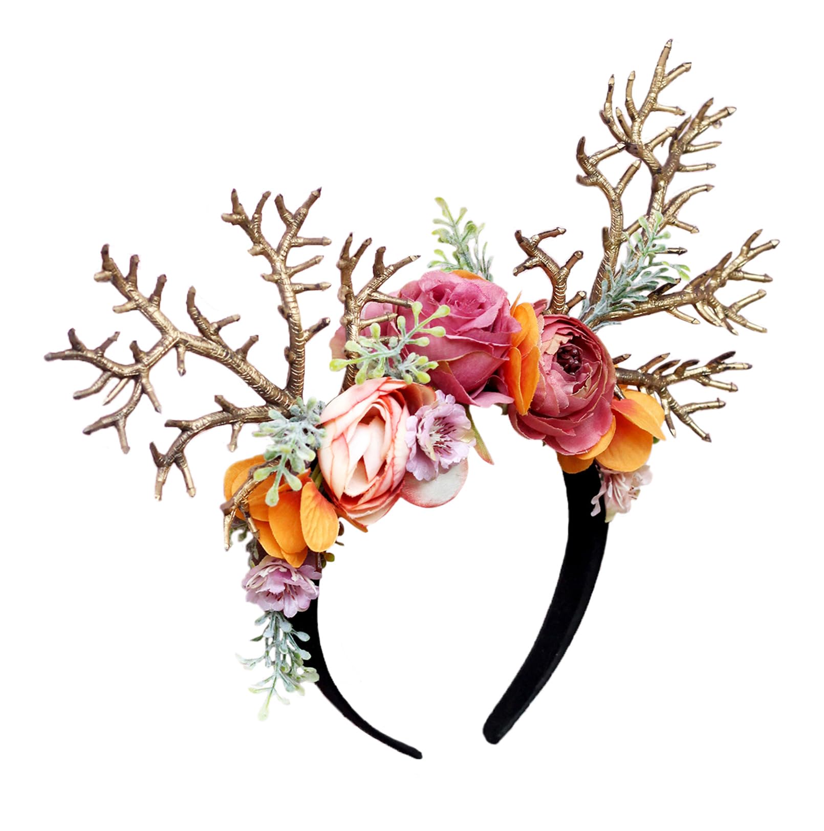 Vivivalue Deer Antler Hair Band with Flowers Flower Headband for Cosplay Costume Party