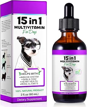 Dog Multivitamin Liquid - 15 in 1 Dog Vitamins Multivitamin, Support Skin & Coat, Heart, Bones and Joint Health, Pet Vitamins and Supplements 2 Fl Oz