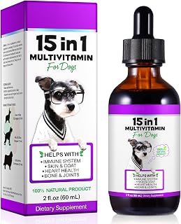 Dog Multivitamin, 15 in 1 Dog Multivitamin Liquid Drops Supplements for Skin & Coat, Heart Health, Bones and Joint, Dogs Vitamins with Glucosamine and MSM, Immune System Support -60ml