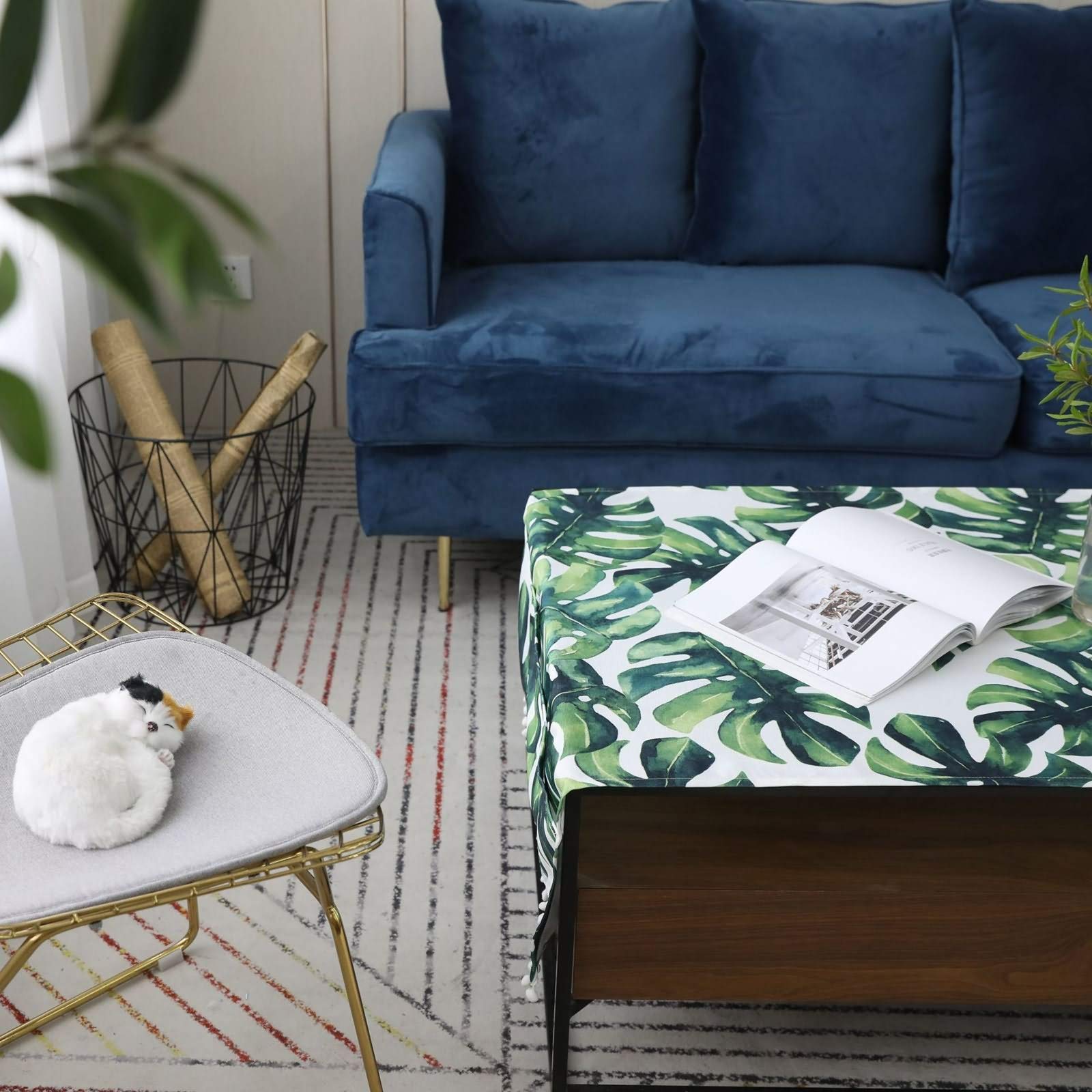 Toile de fond décorative monstera vert blanc nappe moderne lavable en lin coton