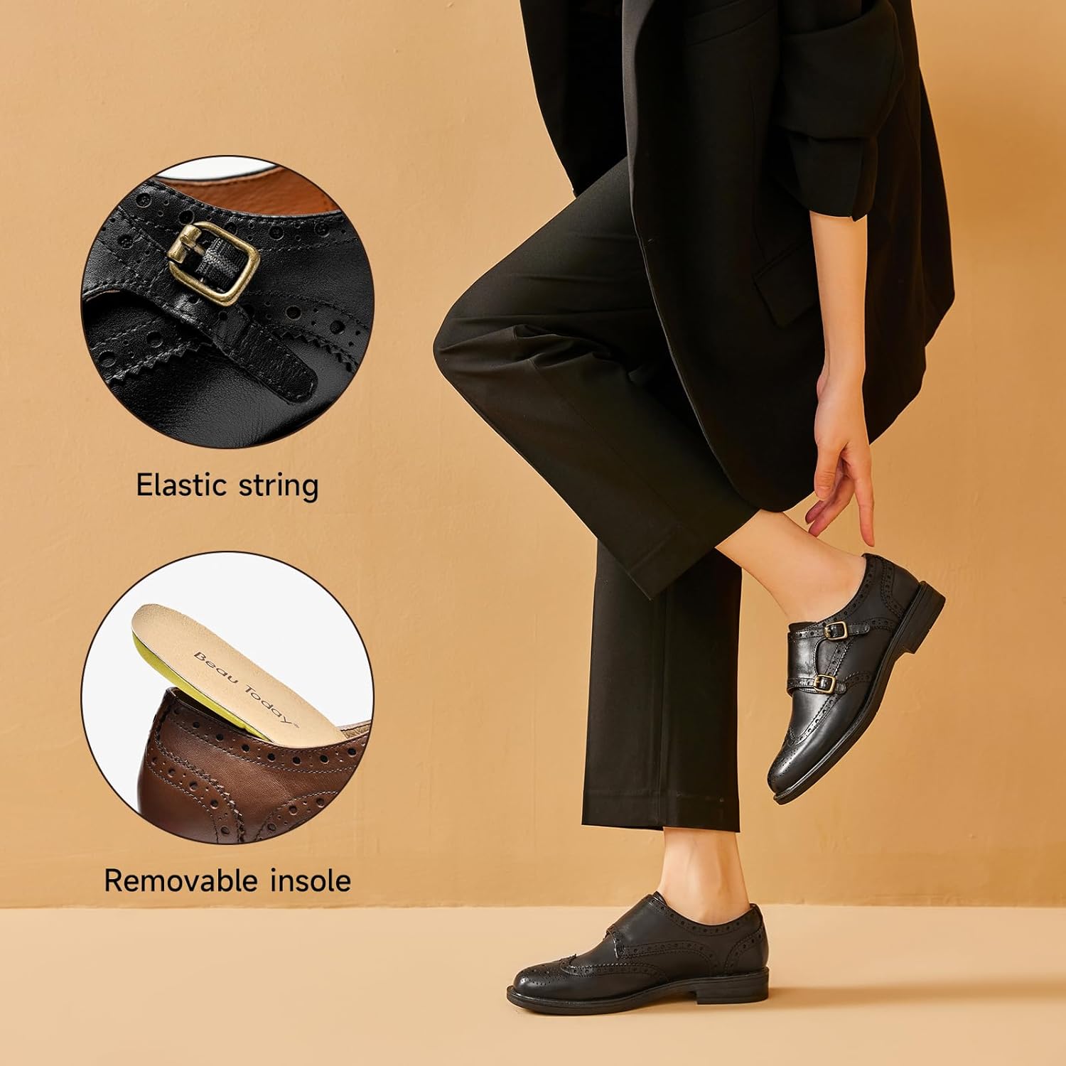 BEAU TODAY Women's Leather Loafers, Monk Strap Womens Oxfords, Comfort Office Business Ladies Casual Shoes, Double Buckles Deign, Brogue Wingtip Slip-on - Image 2