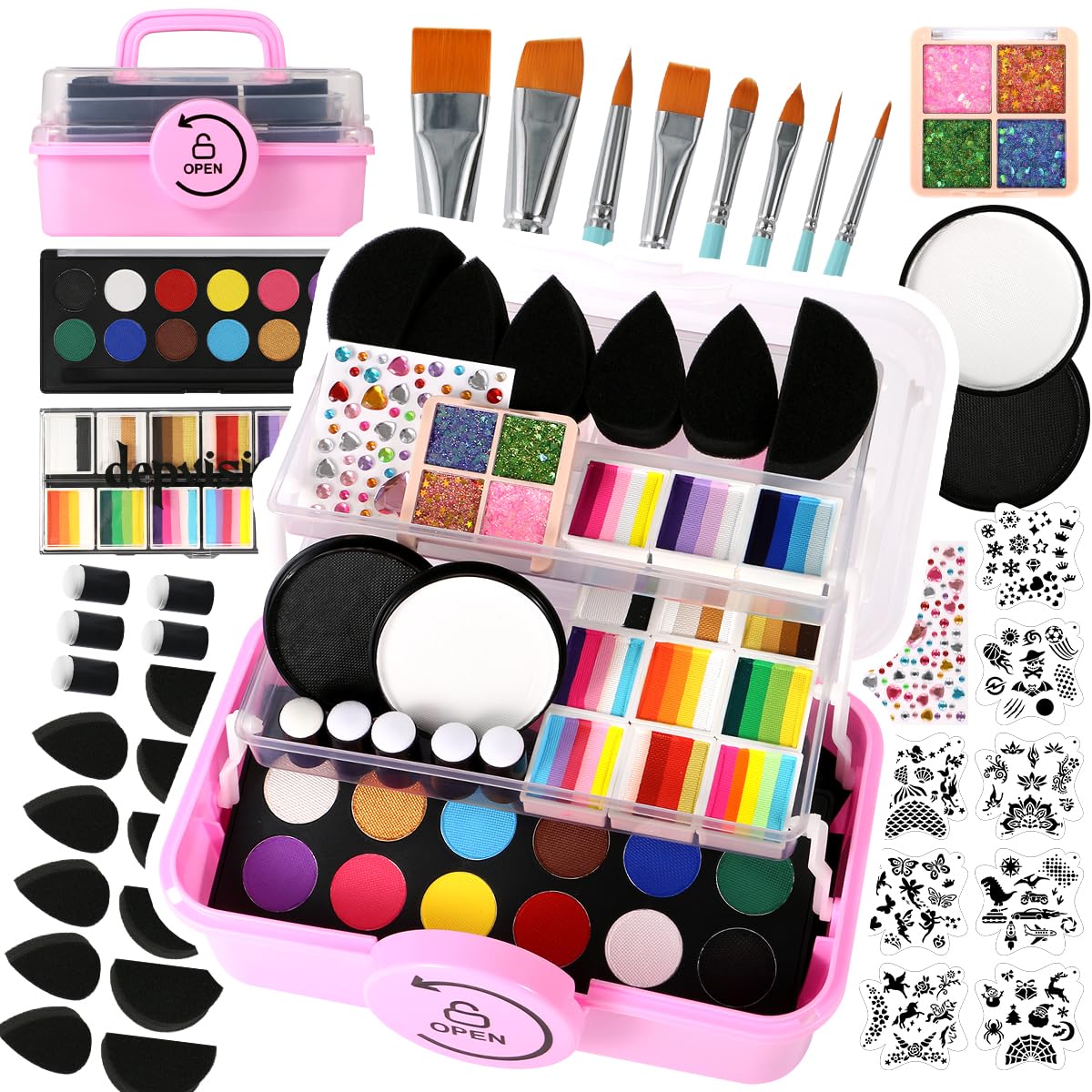 Kit di pittura viso professionale per bambini adulti pittura viso Depvision 68 colori Split Cake Face Paint Kit non tossico lavabile sicuro a base di pennelli stencil Schwam
