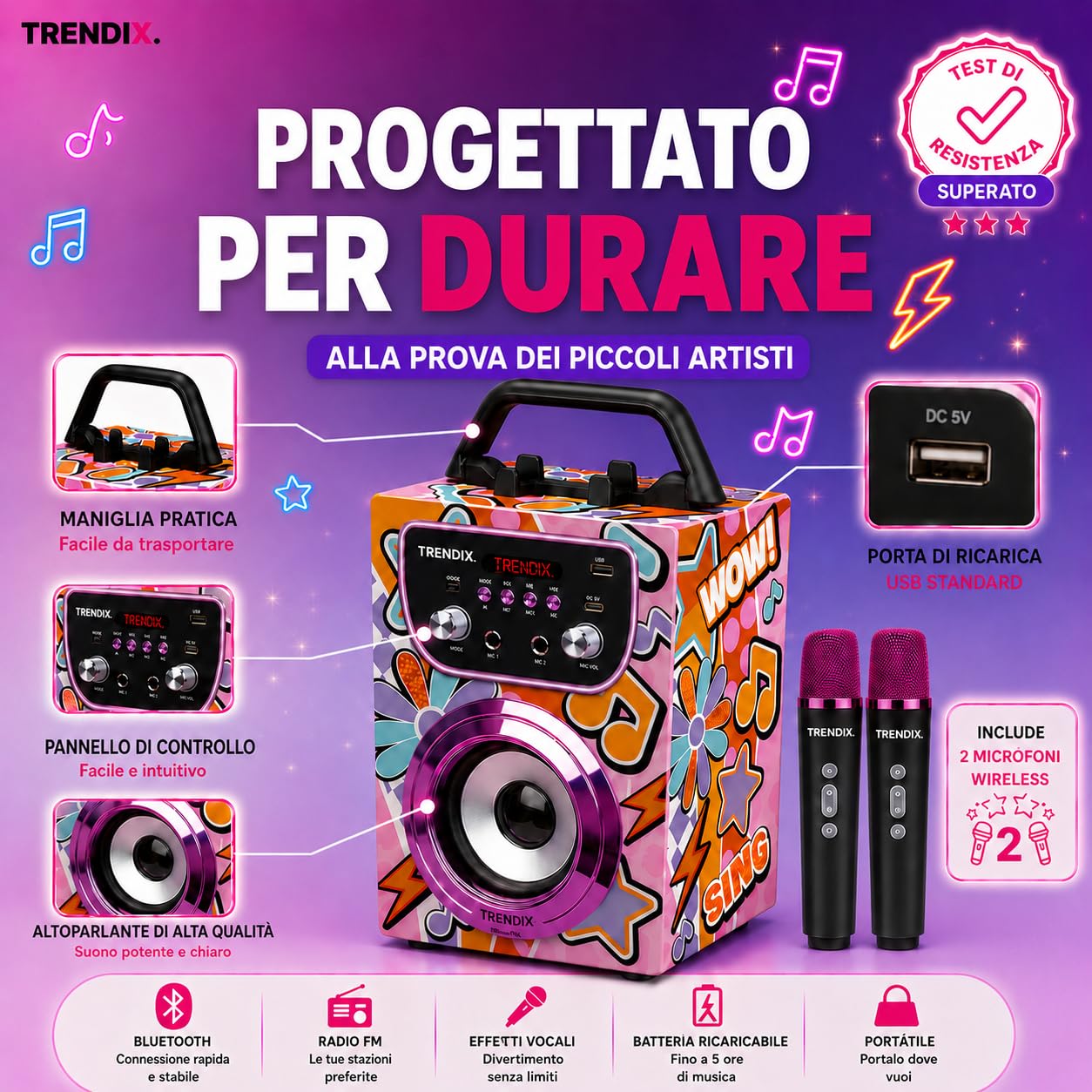 Trendix - Karaoke Per Bambini Magic Melody | Cassa Bluetooth Con Microfono, Radio Fm, Usb | Cassa Karaoke Con 2 Microfoni | 2 Microfoni Bluetooth | Regalo