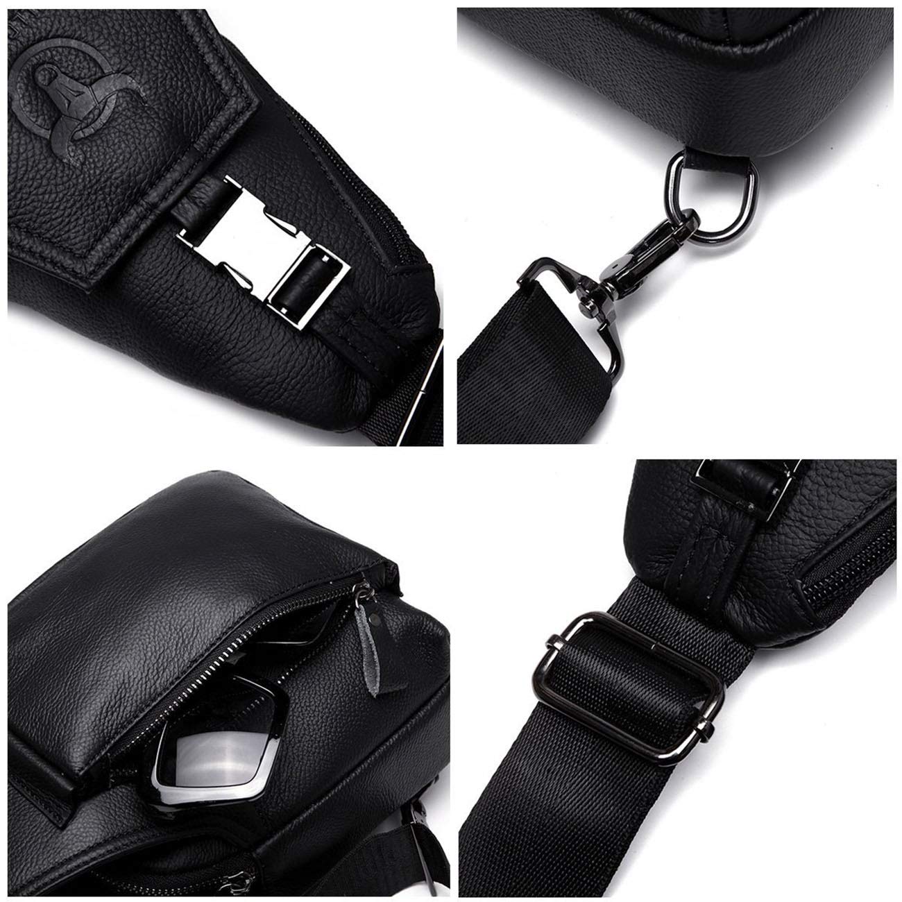 Sac de Poitrine Homme en Cuir Sac à Bandoulière Homme Sacs a dos porté épaule Travers Pochettes des Sport Affaires Voyage Noir