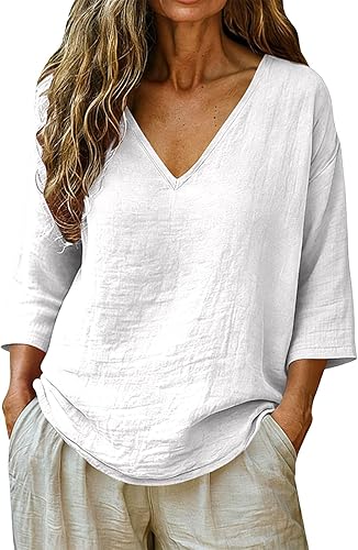 Womens Linen Cotton Blouses Summer Summer Tops for Women Casual 3/4 Sleeve V Nec