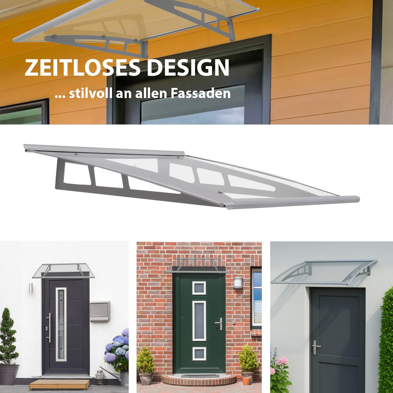 TRUTZHOLM Vordach für Haustür aus Aluminium und Polycarbonat 115 x 80 cm Haustürvordach Pultvordach Türdach Türvordach Haustür Dach