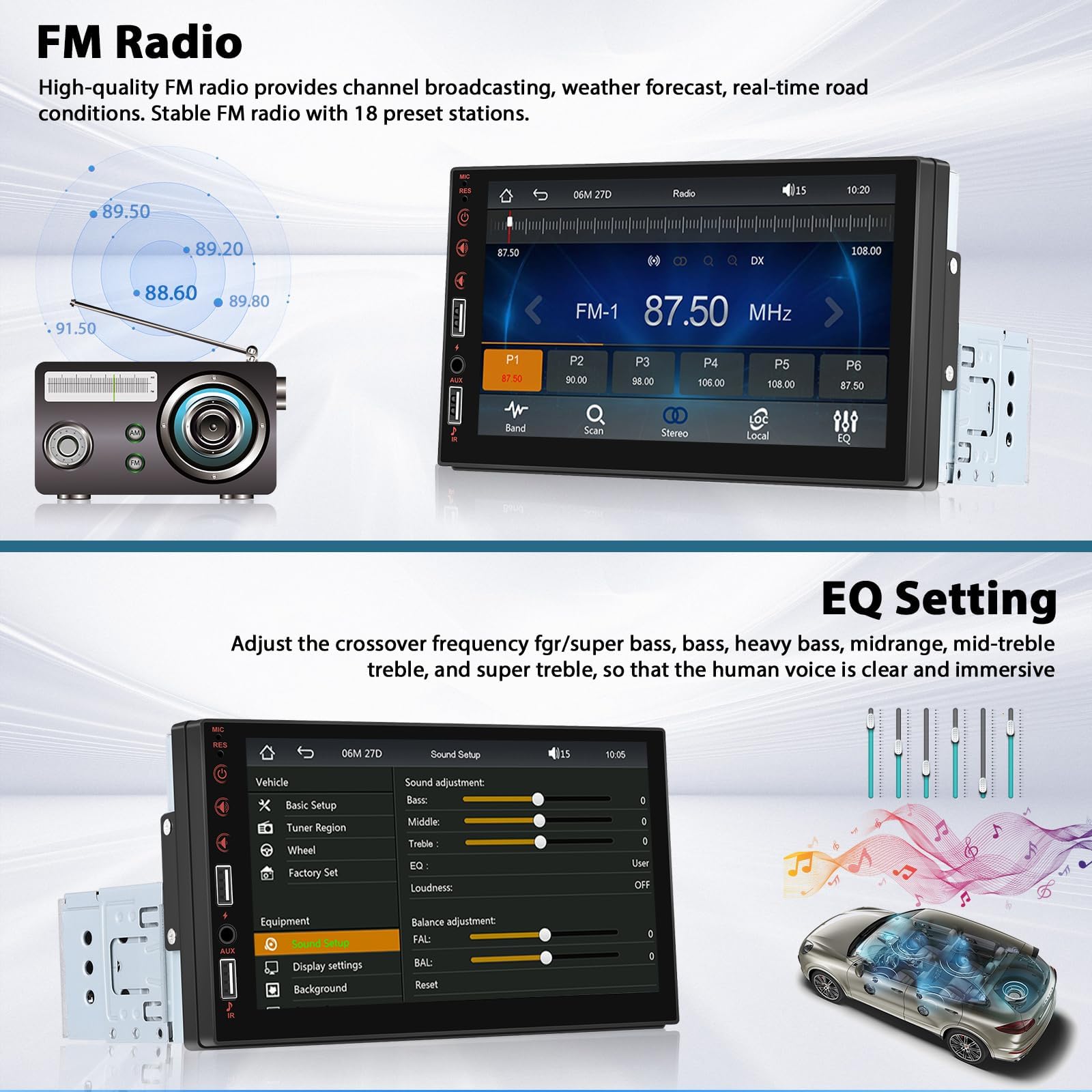 Inefala Autoradio 1 Din Carplay senza fili e Android Auto Radio con Schermo da 7 Pollici con Bluetooth 5.1, Mirror Link, Supporta FM, Controllo del Volante, EQ, USB, AUX, Retrocamera