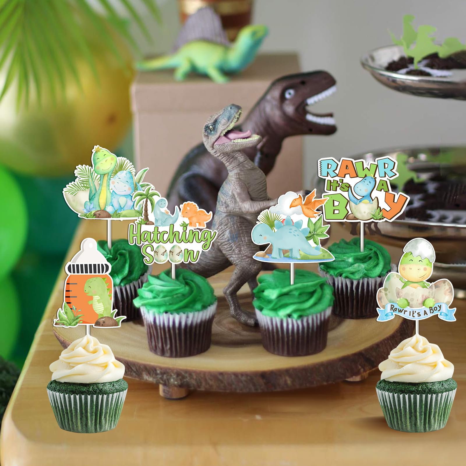 JOYMEMO 36 Pcs Dinosaur Cupcake Toppers - Hatching Soon Dinosaur Party Decorations, Double Sided Paper Rawr, Cake Decor for Pregnancy Celebration
