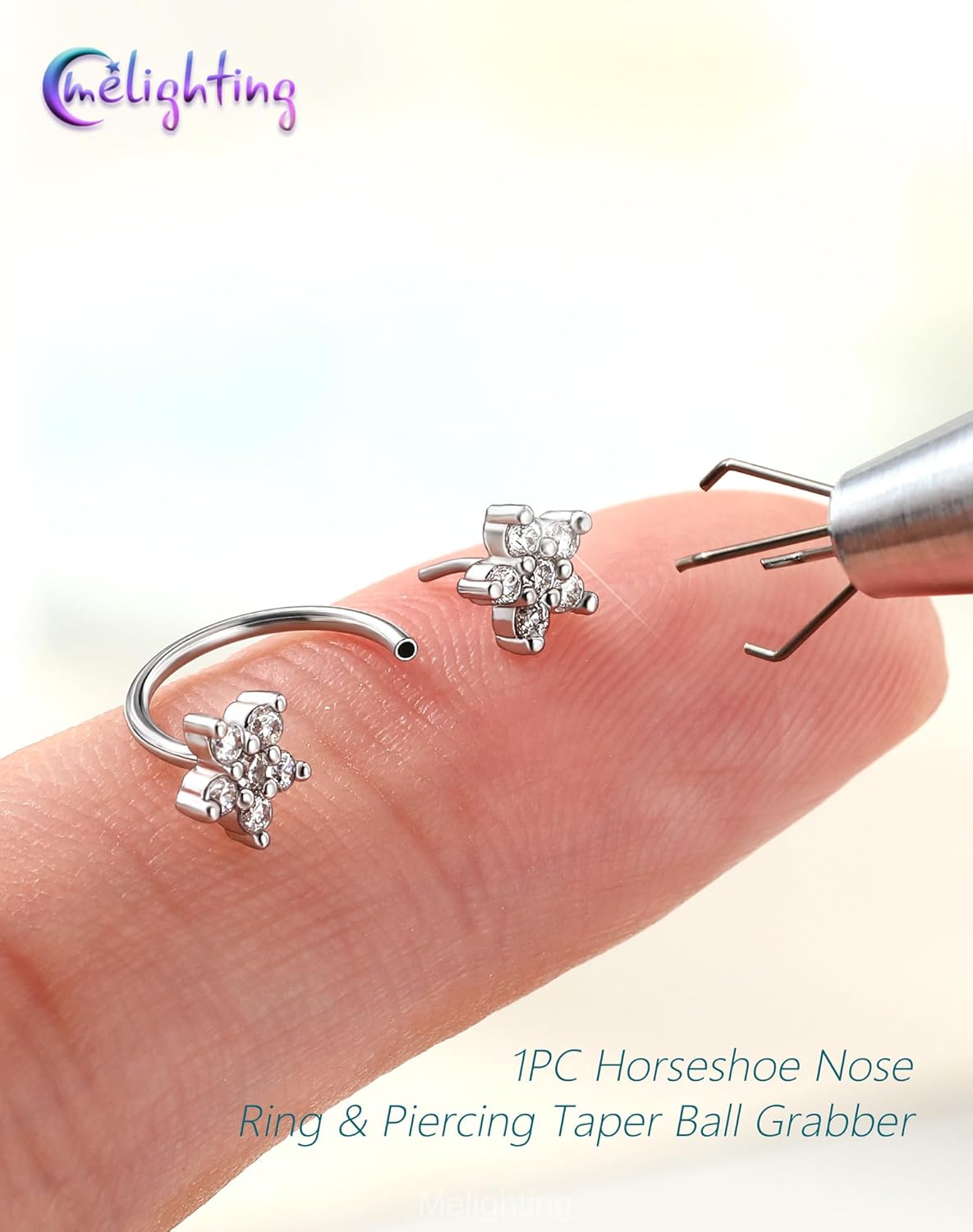 Melighting 20G Flower Horseshoe Nose Ring Hoop, Piercing Taper Ball Grabber Tool Set 316L Surgical Steel, CZ Clear Threadless Nose Septum Daith Lip Rook Helix Piercing Jewelry 7/8 mm - Image 2