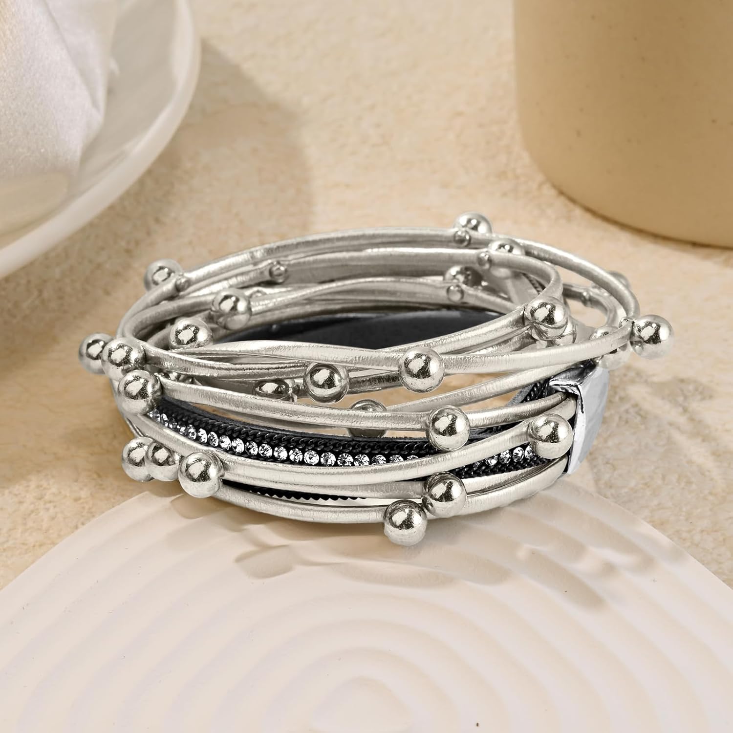 Wrapped Bracelets for Women,Leather Bracelet,Boho Bracelets for Women,Multi-Layer Pearl Crystal Bracelet Bangle Jewelry - Image 7