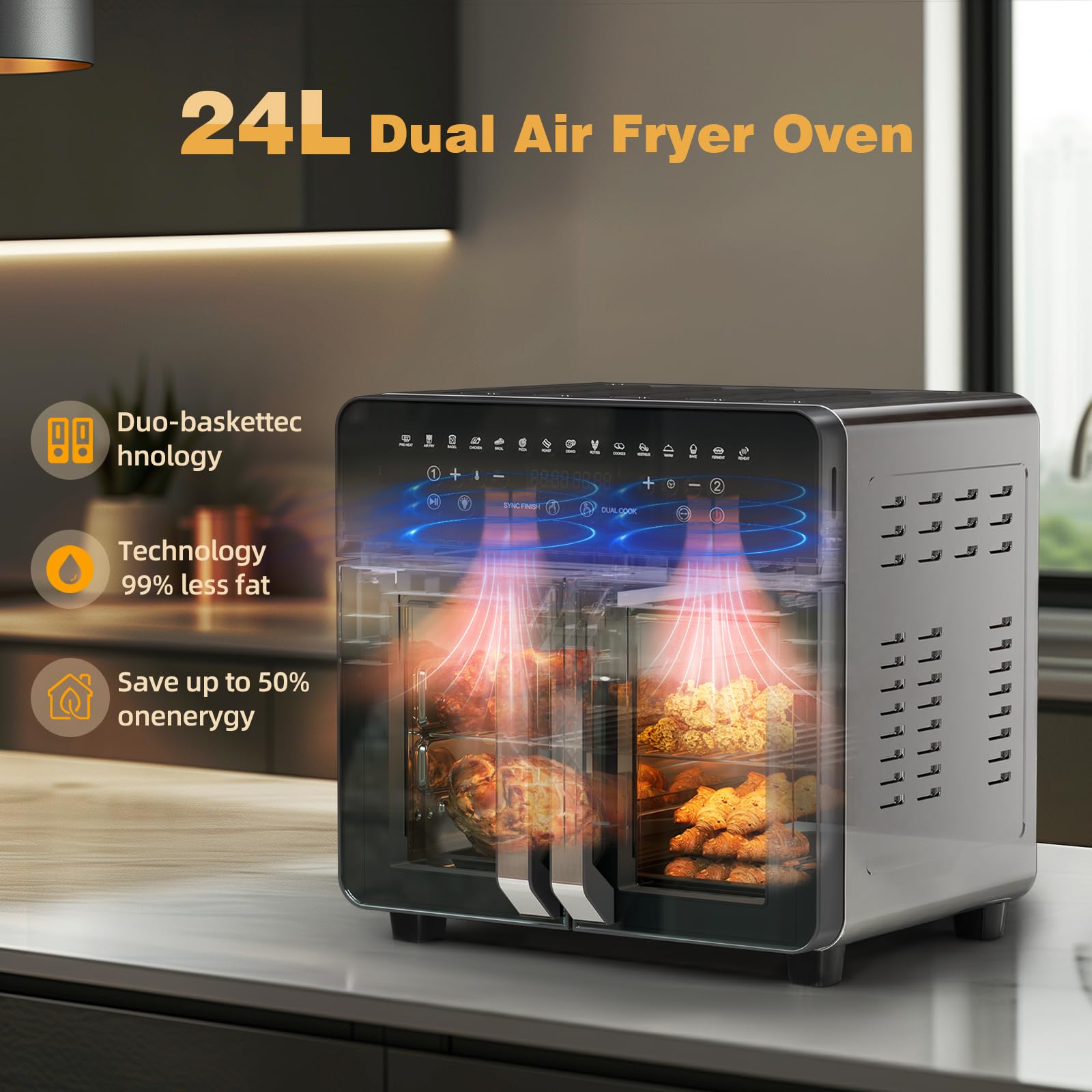 24L Friggitrice Ad Aria Forno XXL 1800W Microonde Friggitrice Ad Aria Grande Forno Pizza Elettrico Air Fryer Doppia Resistenza Forno Elettrico Piccolo Airfryer Forno Elettrico e Microonde Insieme