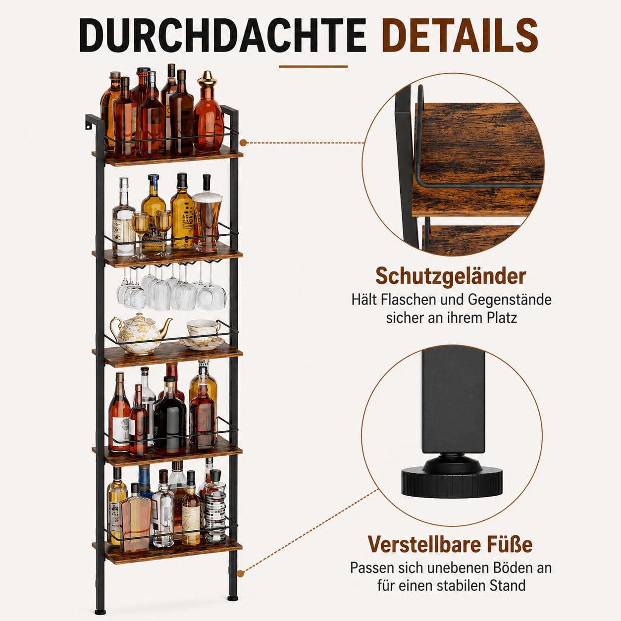 Yorbay 5-Stöckiges Freistehendes Weinregal mit LED-Beleuchtung | Industriestil Flaschenregal mit Glashaltere und Geländer - Schmal Weinständer mit Wandmontage für Küche Esszimmer Bar
