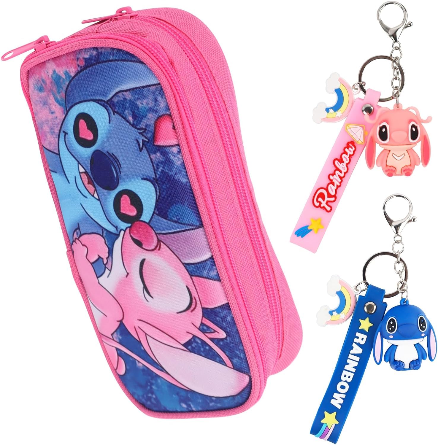 Yisscen Stitch Estuche para lápices para niños, 2 Stitch, llavero relleno, estuche escolar, estuche portátil para lápices, para niños y niñas, estudiantes universitarios, fans de Stitch, Rosa.